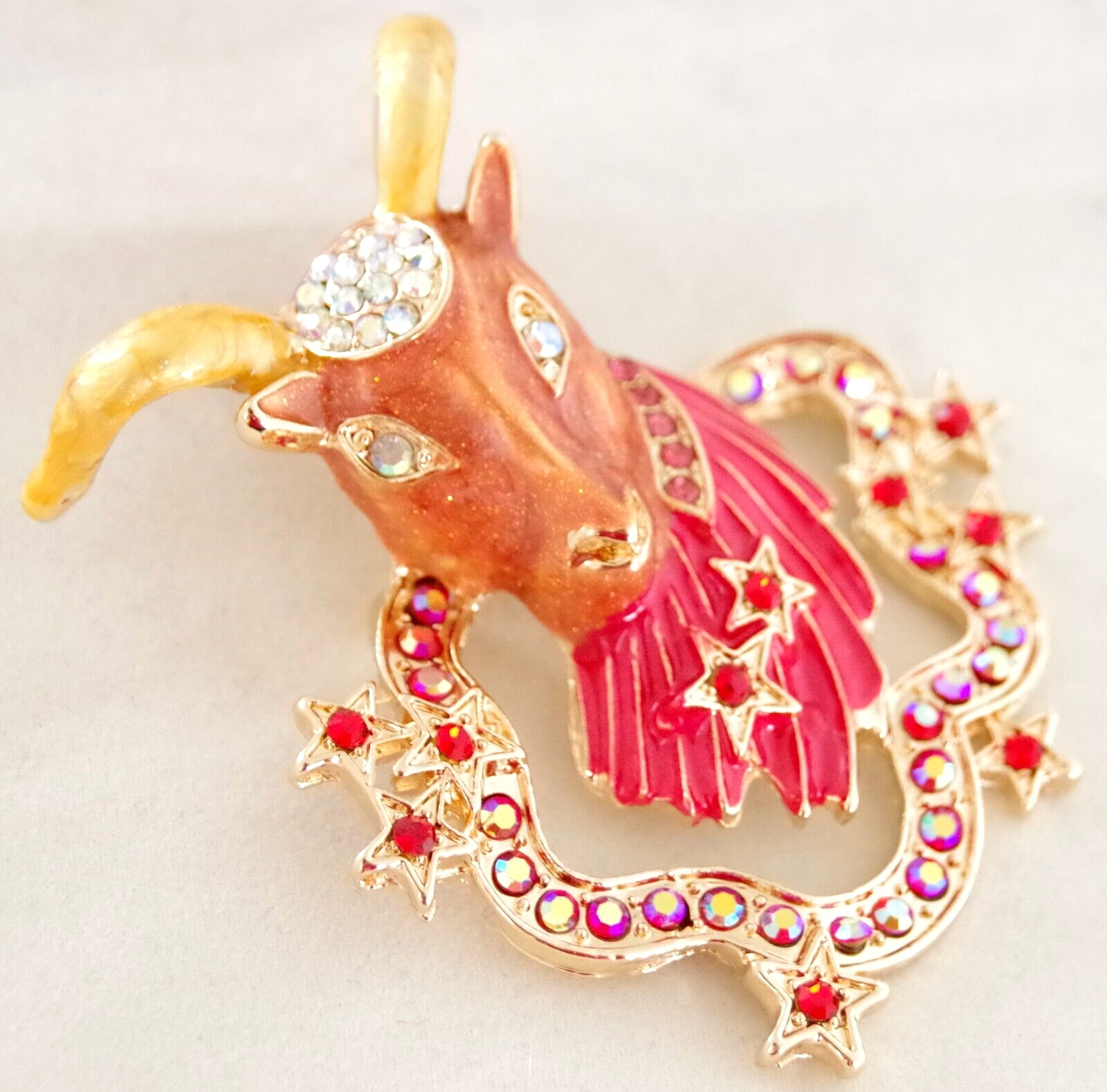 2.75″ DESIGNER STYLE CAPRICORN ZODIAC HOROSCOPE GOAT AB RHINESTONE BROOCH PIN