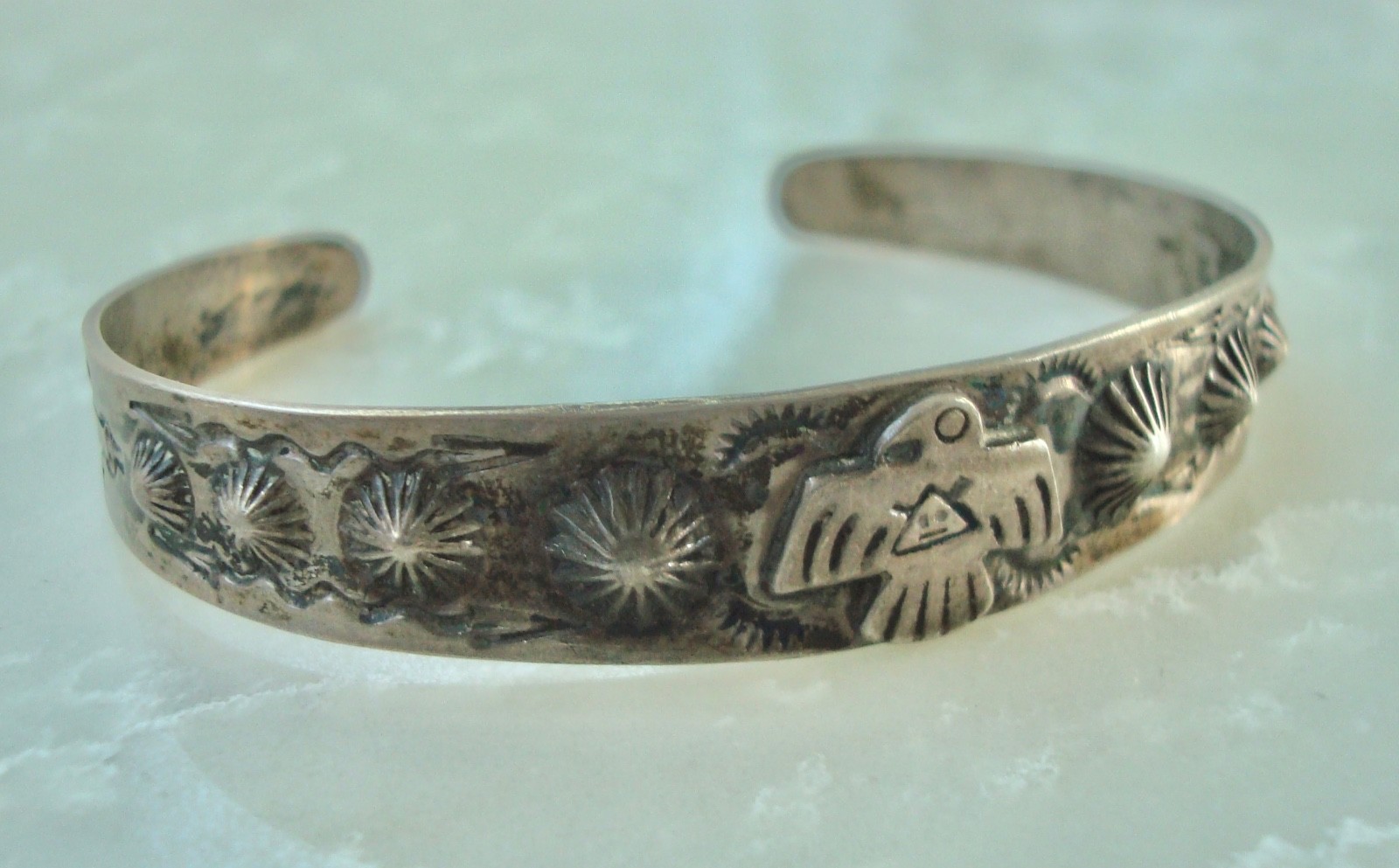 Vtg MORNING STAR THUNDERBIRD GILA MONSTER Navajo SILVER BRACELET Fred Harvey Era
