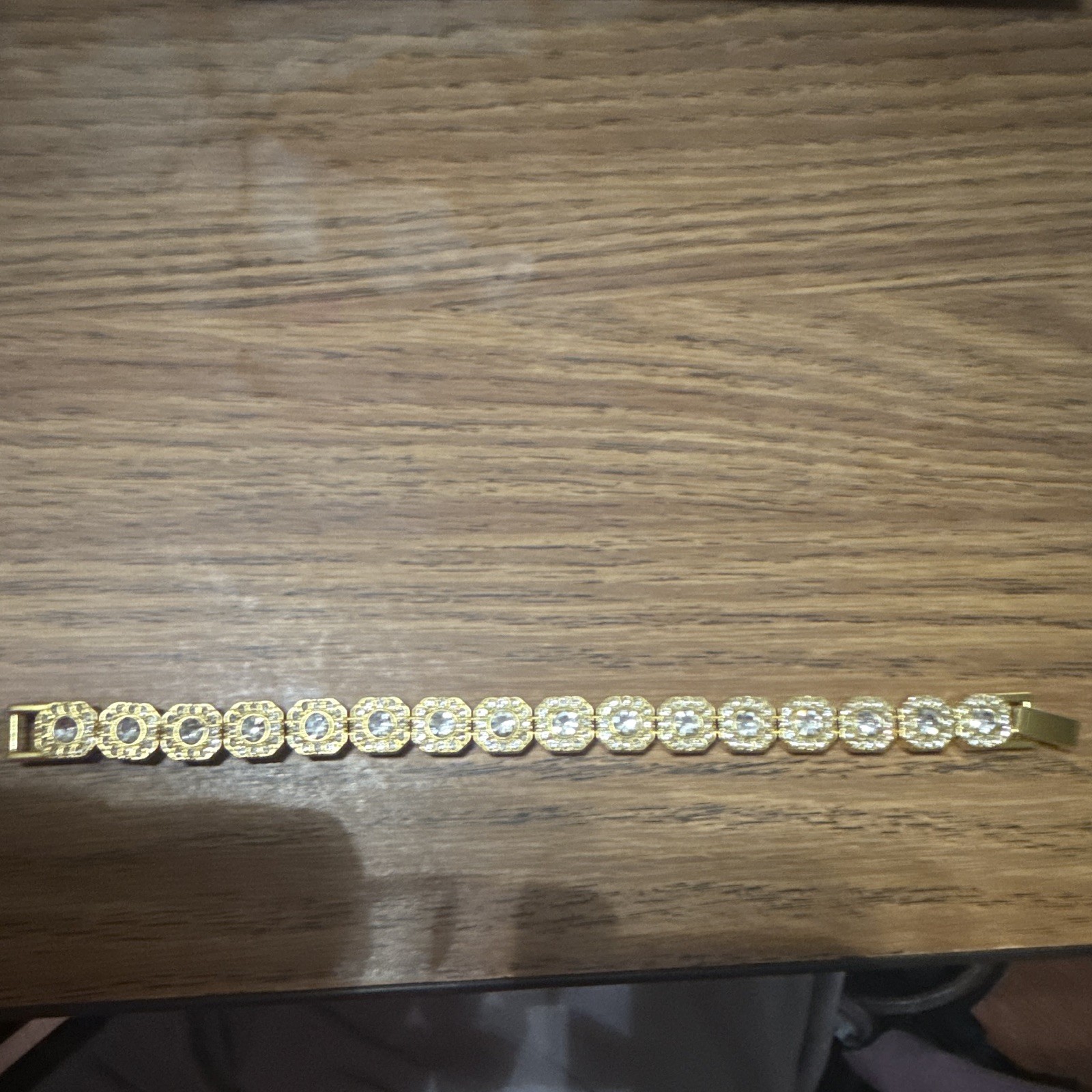 Gold Tone Clear Crystal Halo Tennis Bracelet with Box Clasp Closure