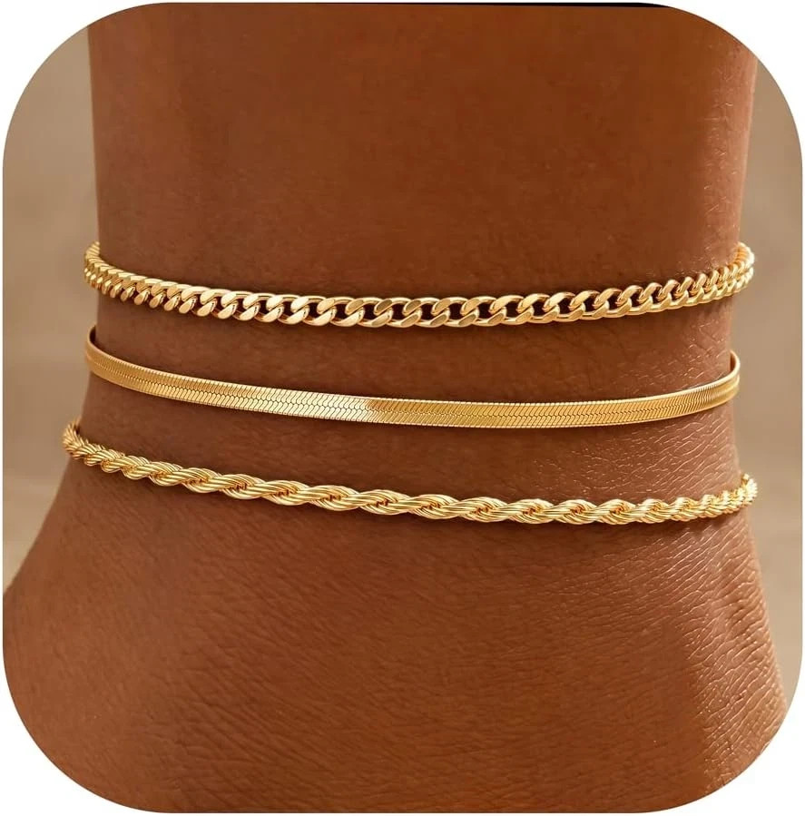Waterproof Ankle Bracelets for Women,14k Gold Plated Hypoallergenic Layered Stac