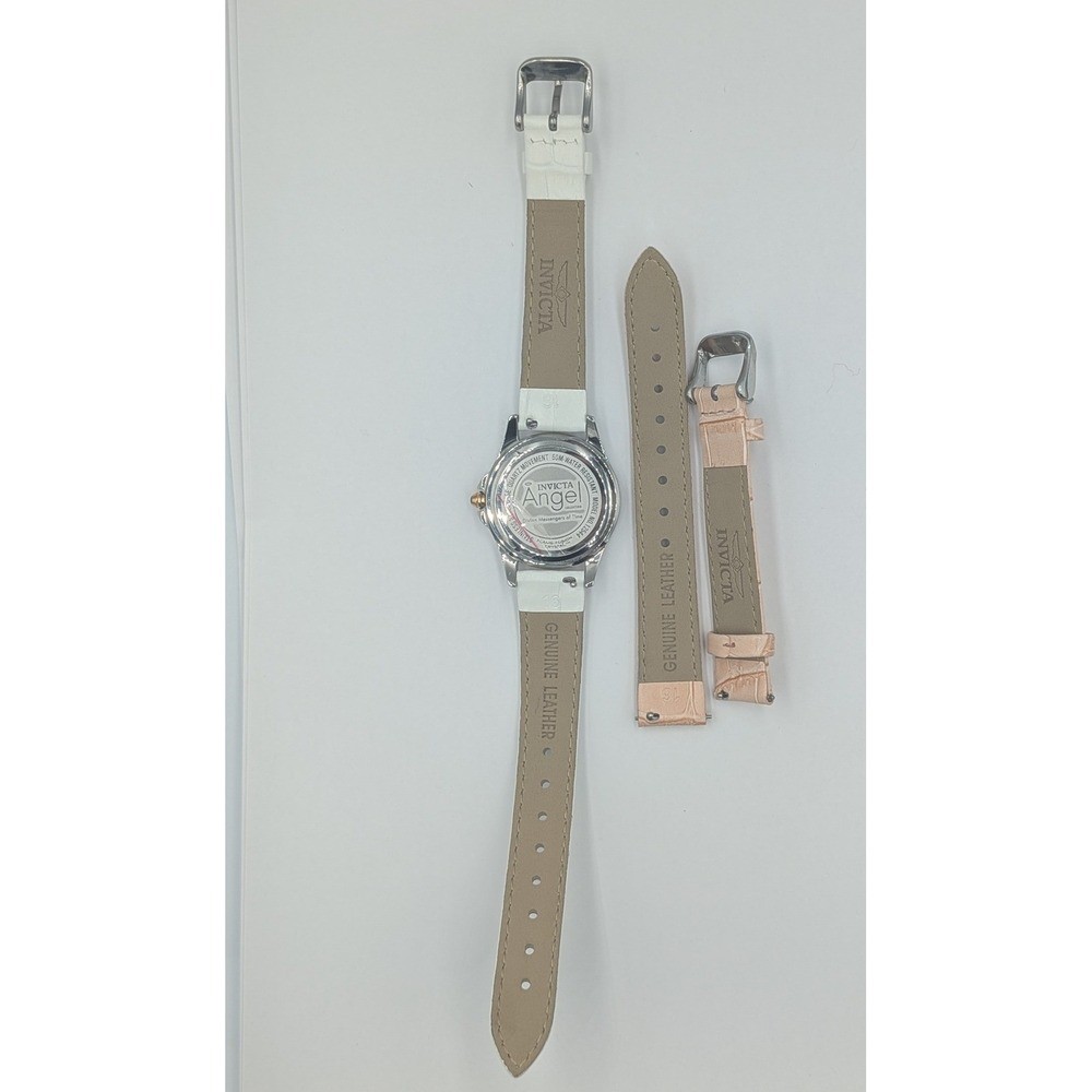 Invicta Angel Watch White 33mm Silver Rose Golden Diamond Leather Straps 12544