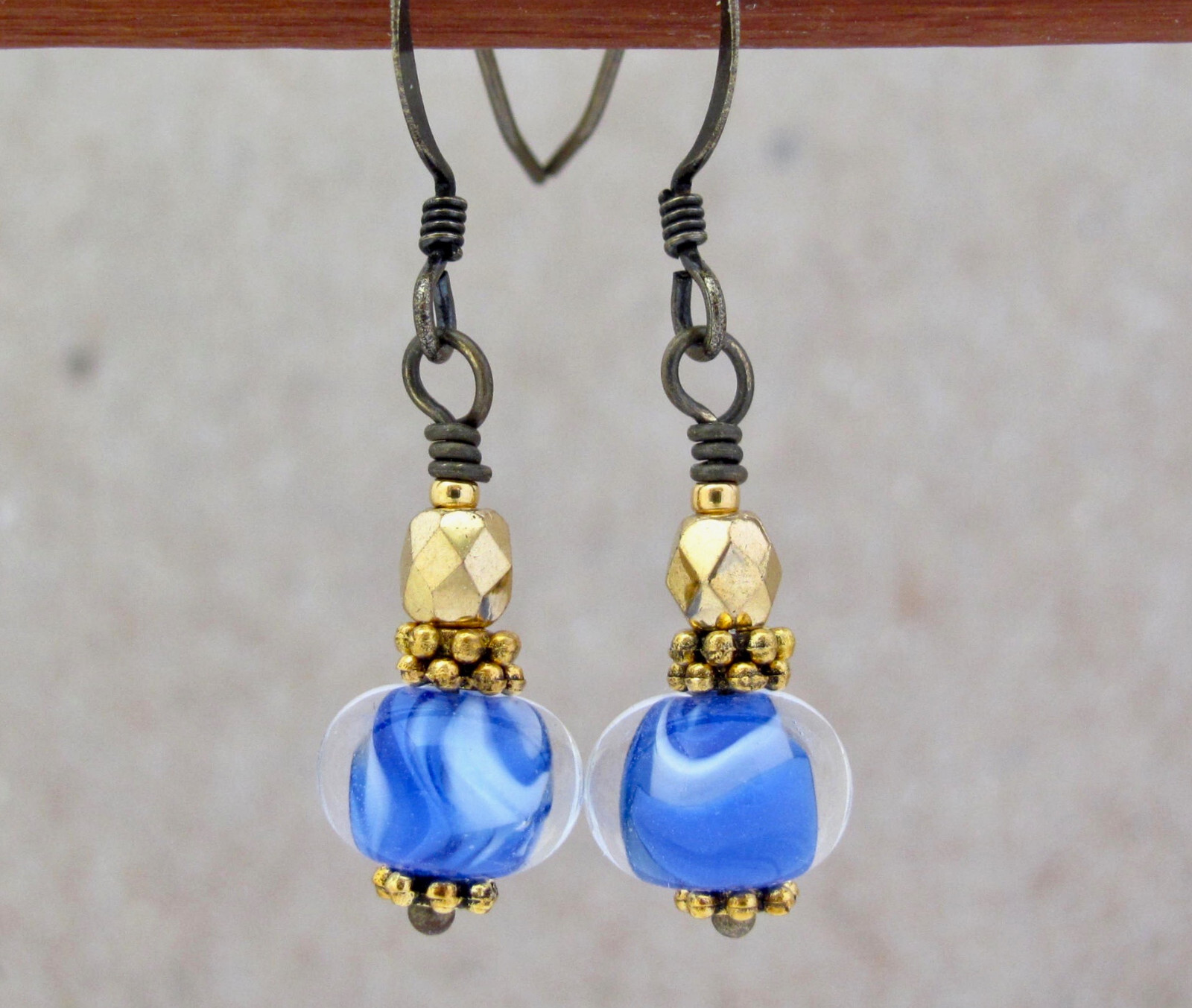 Blue White Earrings Lampwork Glass Antiqued Brass Dainty Boho Chic