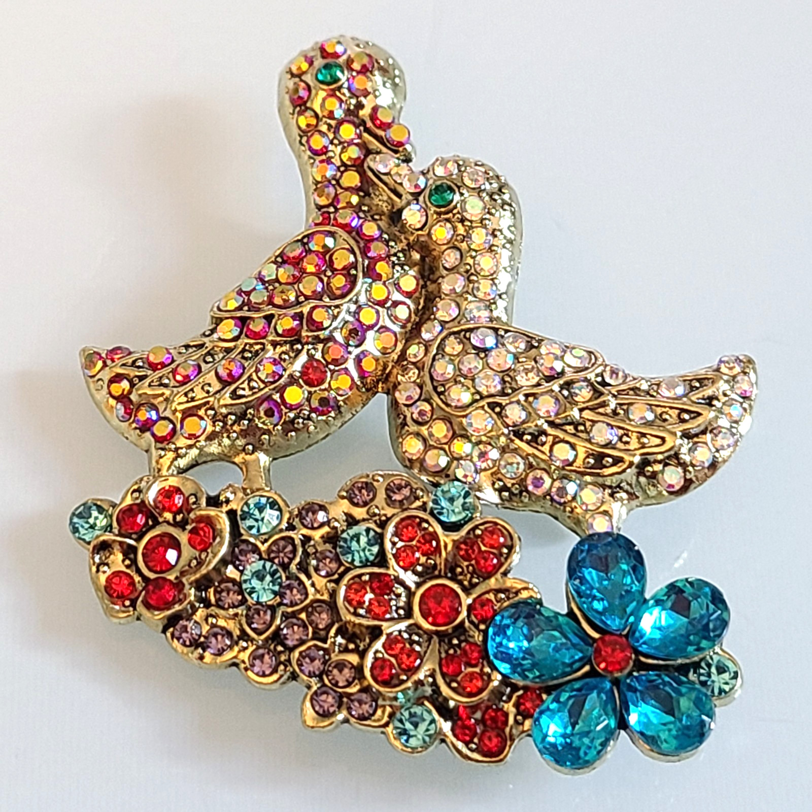 FAB DOUBLE DUCKS GORGEOUS BROOCH 2 1/2 INCHES MULTICOLORED FLOWERS AND AURORA Bs
