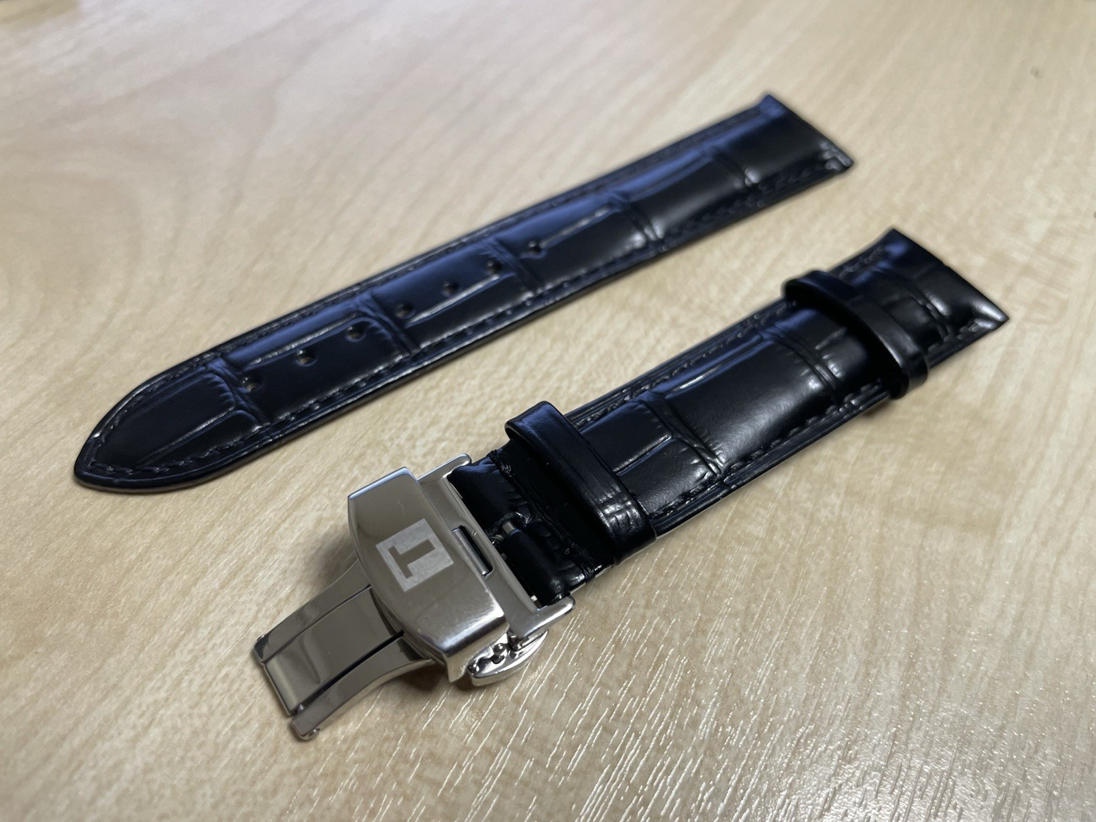 19/20mm Tissot Black Leather Watch Strap With Deployment push button Clasp