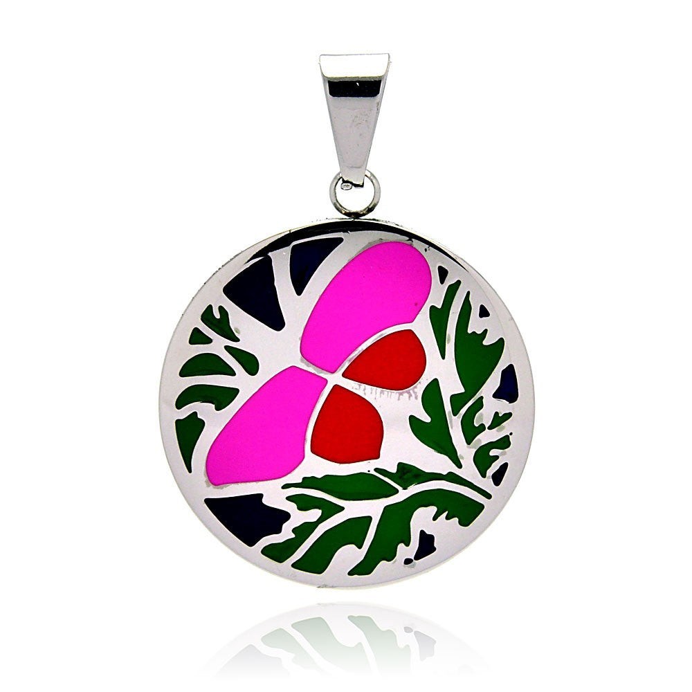 Rhodium Plated Stainless Steel Vibrant Colorful Enamel Butterfly Disc Pendant