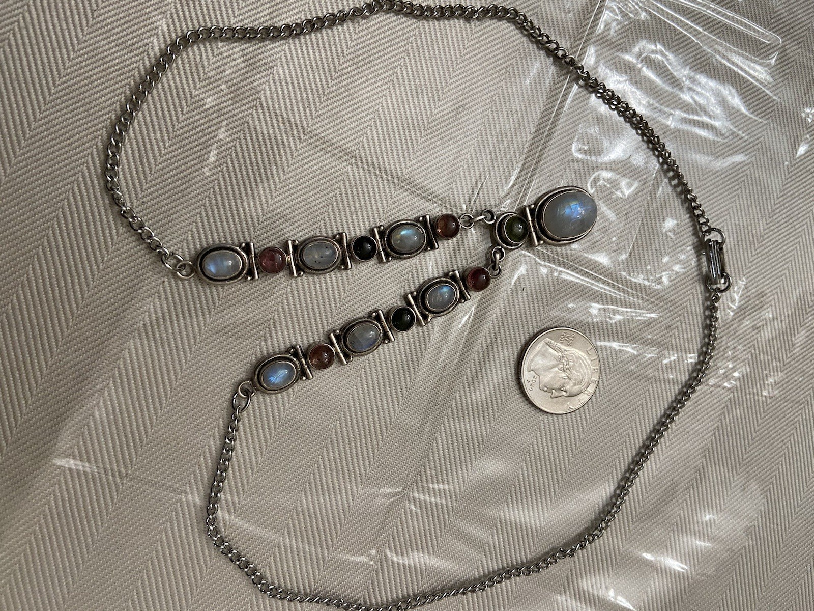 Title: Vintage Sterling Silver Multi-Gemstone Moonstone & Tourmaline Drop Neckla