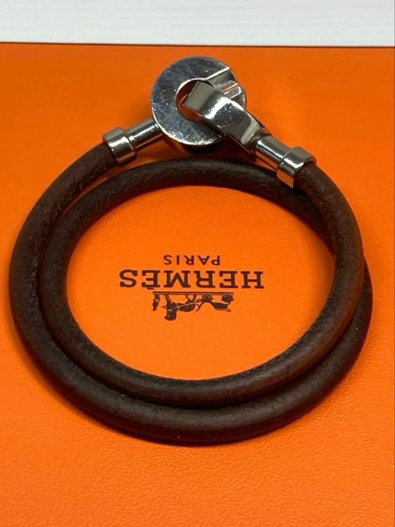HERMES Lancelot Choker Double Wrap Bracelet Leather Dark Brown Silver w/ Box