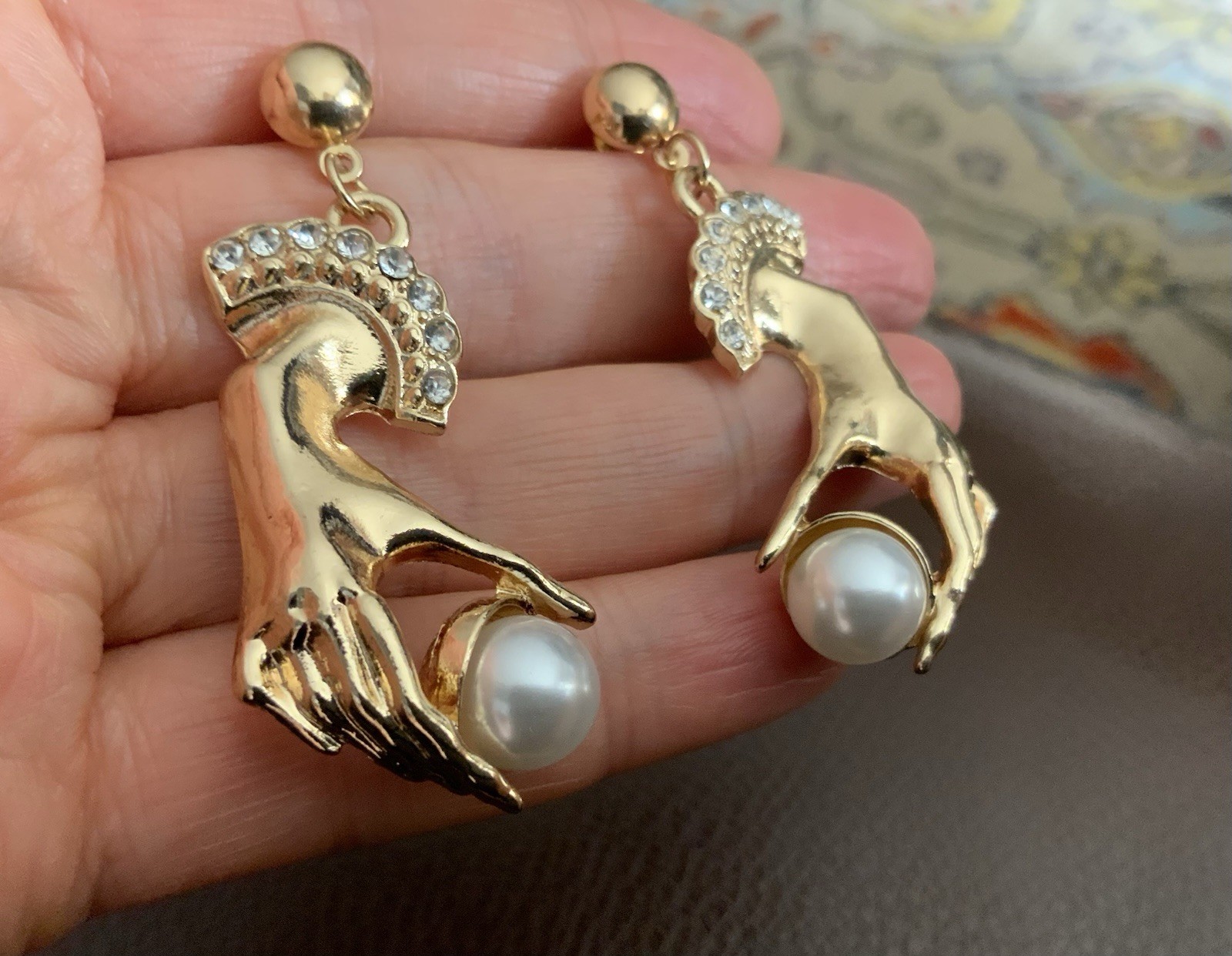 Antique Hand Pearl Earring Museum VTG Gothic Art Nouveau Surreal Boho Art Retro