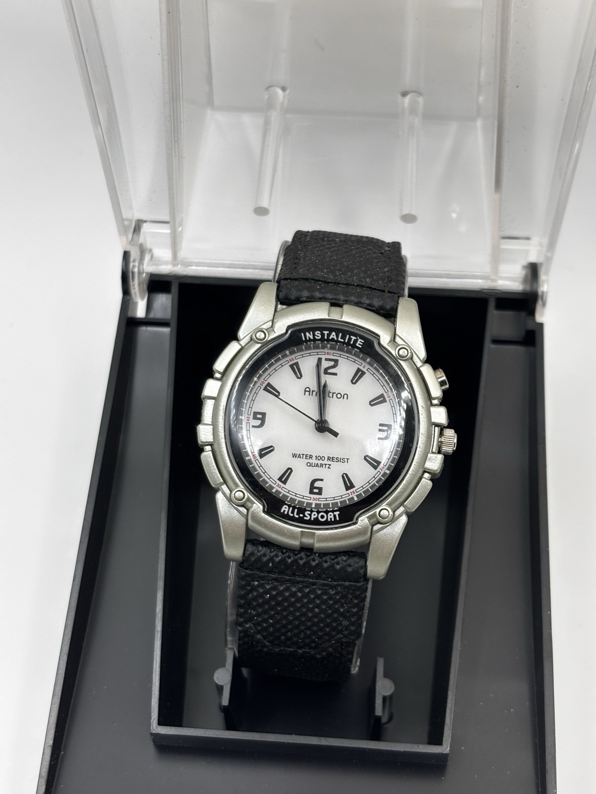 Armitron Instalite Watch Men 30m Silver Black Plastic Battery Light White Quartz