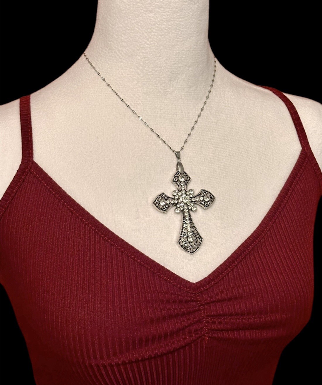 Large Victorian Cross Necklace Chain Silver Religious Gothic Grunch Whimsgoth