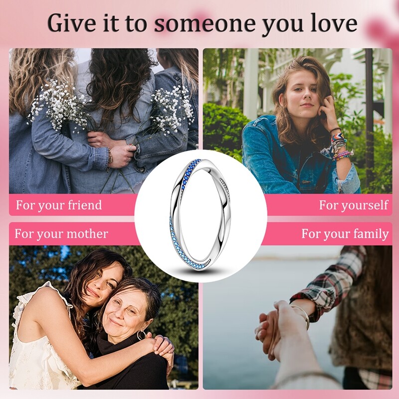 MULA European 925 Sterling Silver Finger Ring Blue CZ Reverse Love Women Jewelry