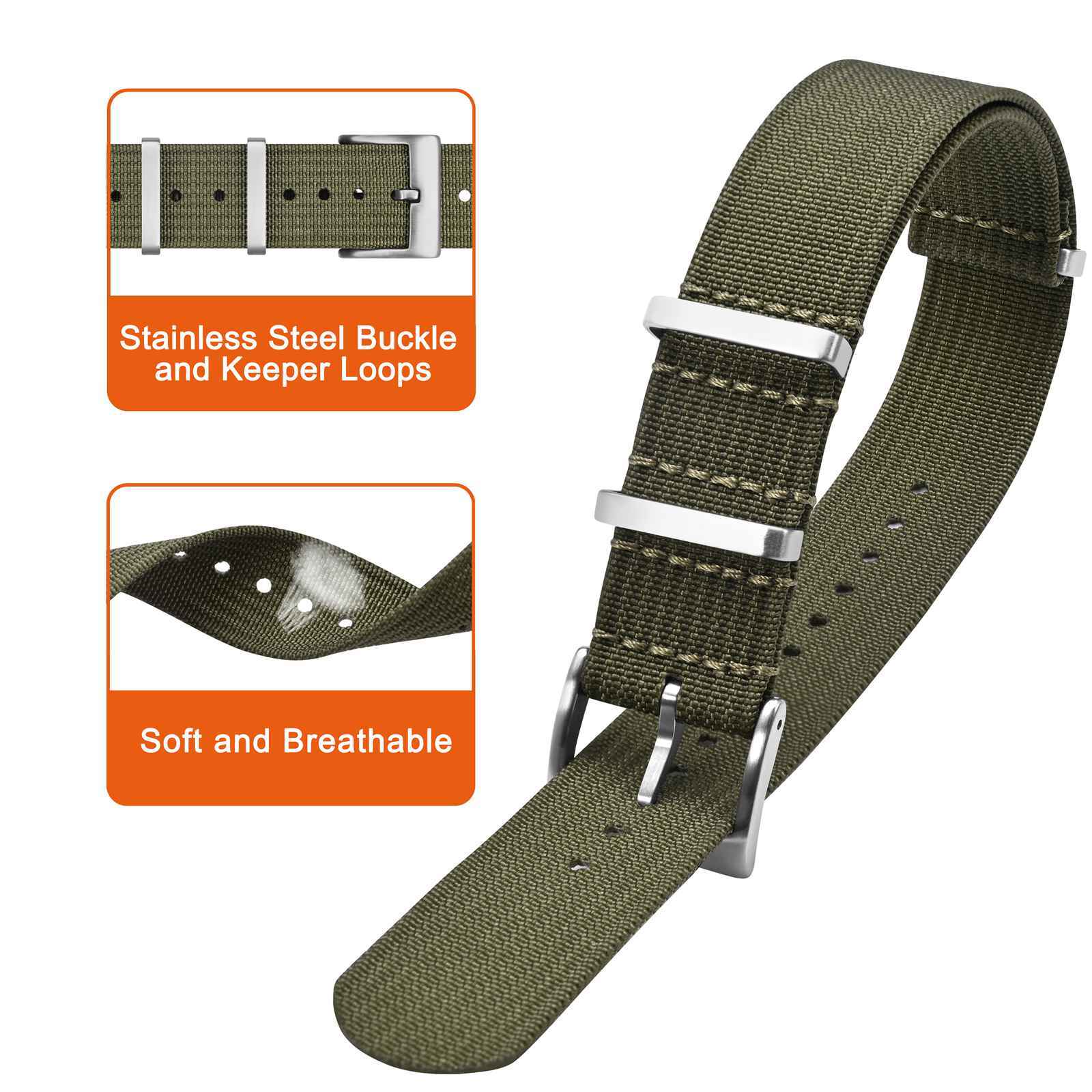 ANNEFIT One-Piece Nylon Watch Strap 16mm 18mm 19mm 20mm 22mm 24mm Military Band