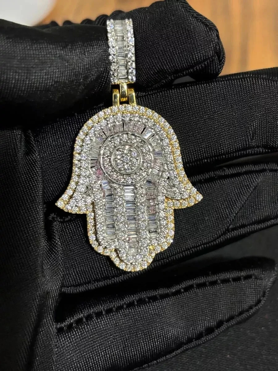 Men’s Hamsa Pendant 2Ct Round Cut Real Moissanite 14k Yellow Gold Plated Silver