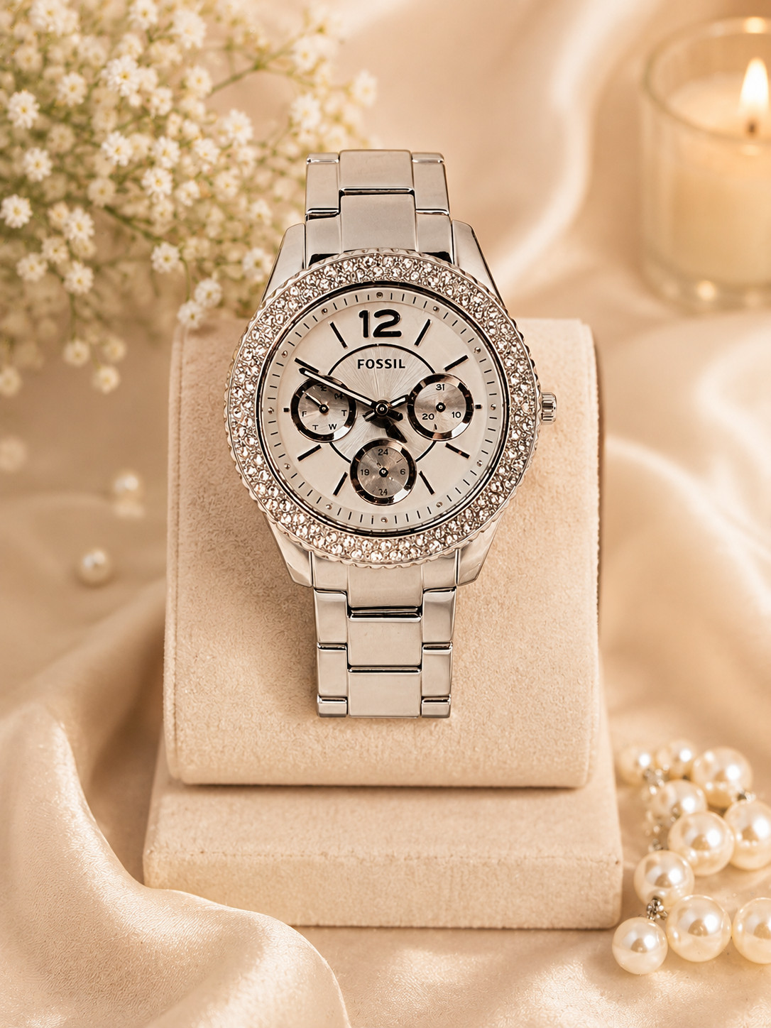 Fossil Stella Womens Watch Silver Tone Chronograph Quartz w/ Crystals! STUNNING!