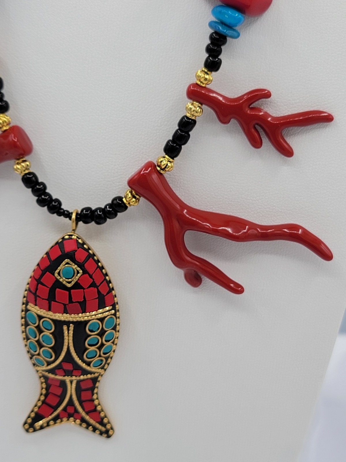 Red Turquoise Black Gold Beaded Necklace Fish Charm Pendant Lobster Clasp