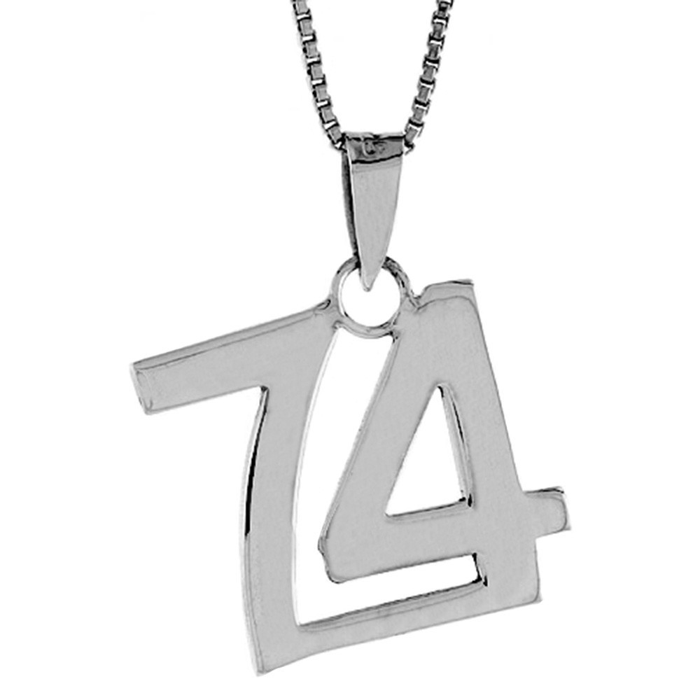 925 Sterling Silver Number 74 Necklace 3/4 (19mm) Inch Tall, 2mm Curb Chain