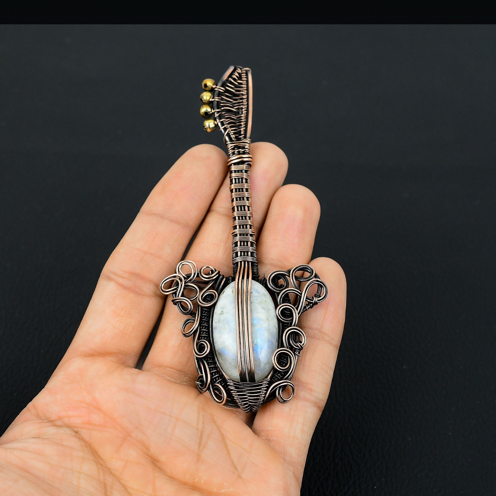 Moonstone Handmade Gemstones Copper Wire Wrapped Guitar Designer Pendant Jewelry