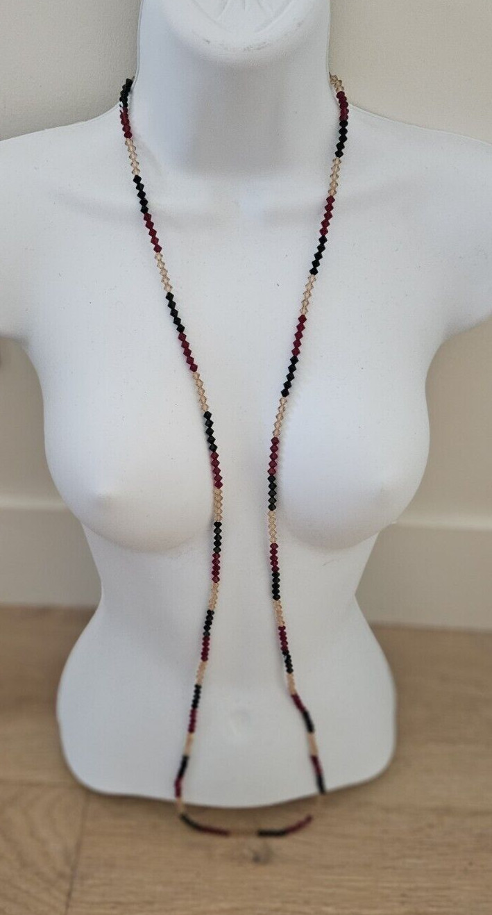 Vintage Glass Crystal Necklace Red, Clear & Black beads boho to formal 52″ VTG
