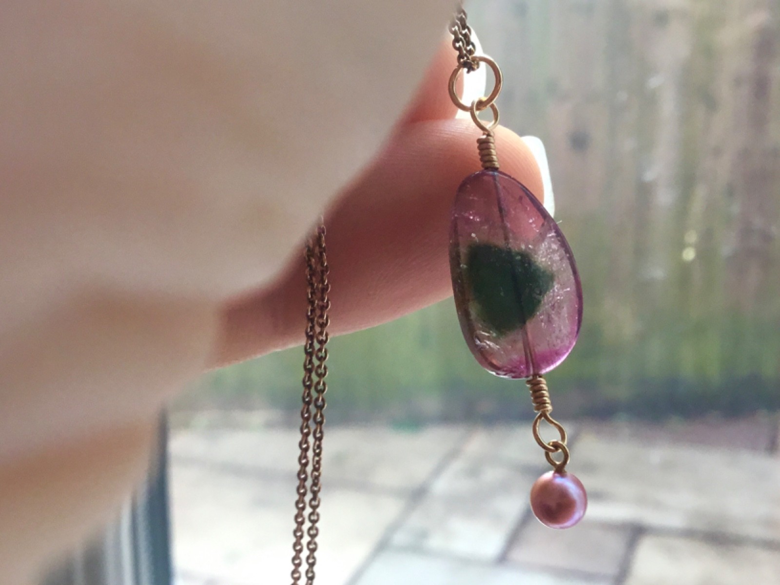 Solid 9ct gold tourmaline slice pendant 9k 375