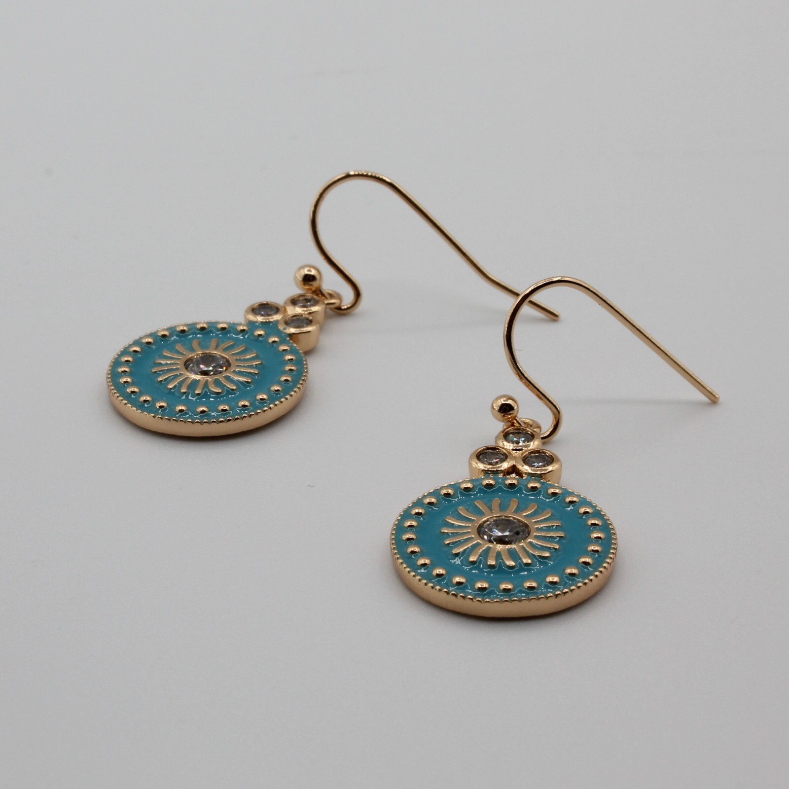 18ct Gold Plated Dangle Ligh Blue Round Hook Earrings With White CZ Non Allergic