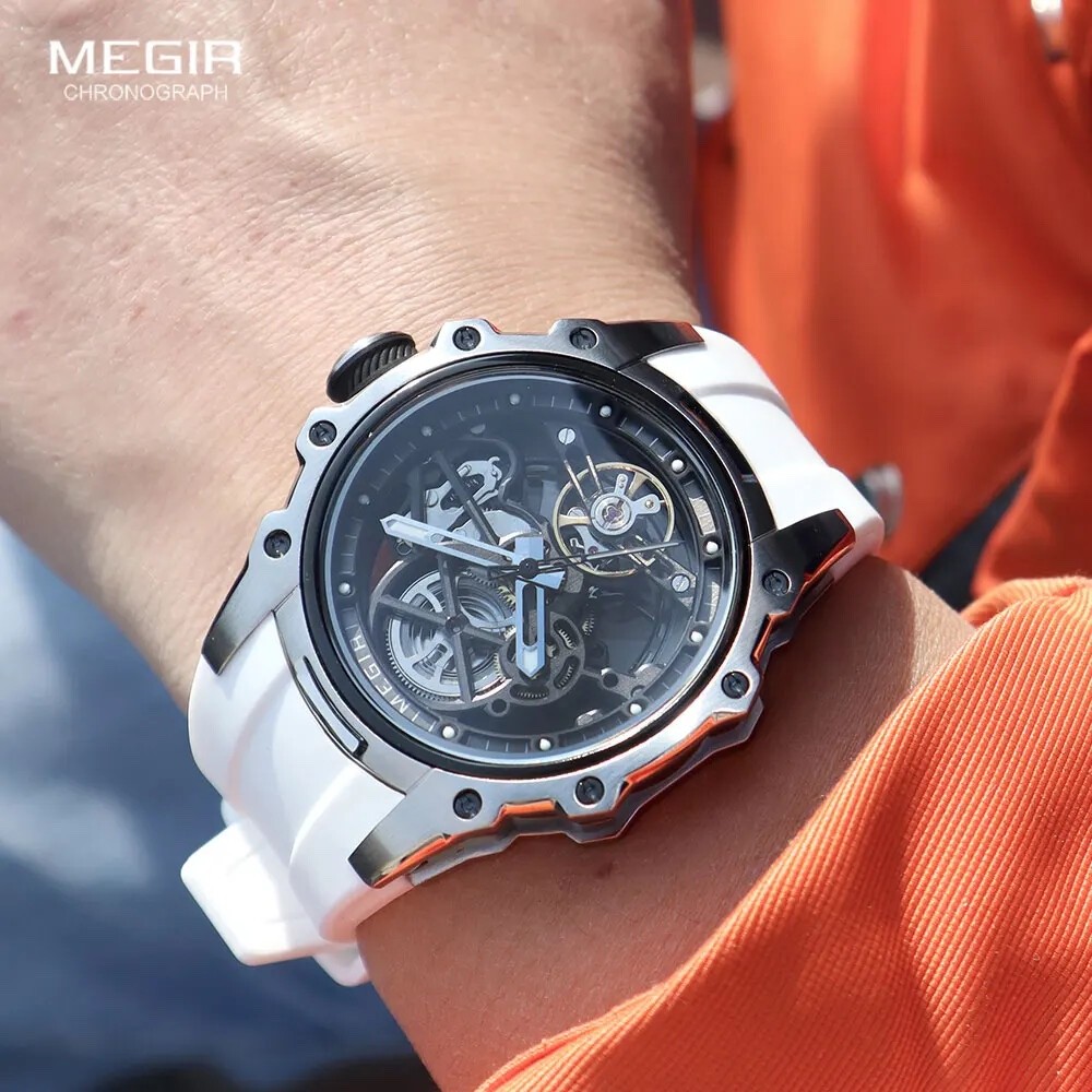 MEGIR Men’s Skeleton Dial Automatic Mechanical Waterproof Watch Silicone Strap