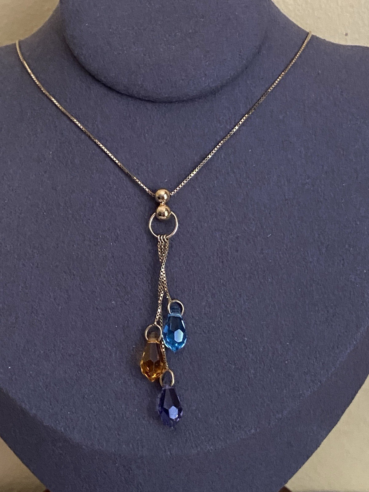 9 Carat Yellow Gold Blue Topaz, Citrine And Amethyst Pendant Necklace 42cm Long
