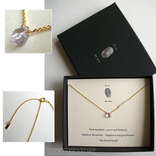 b.u. Pink Amethyst Teardrops & Rainbow Moonstone Necklace 14K Gold Filled BOXED