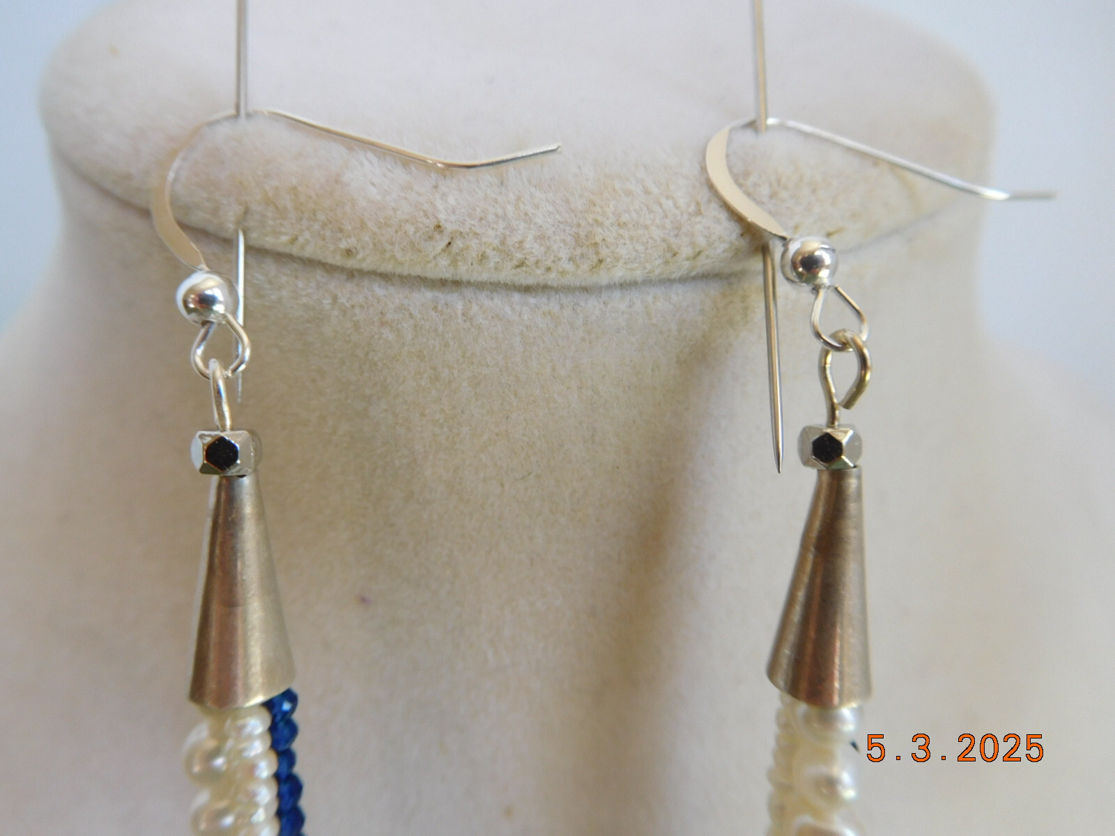 Sterling silver white pearl and blue faceted agate beaded long earrings 7.5 inch