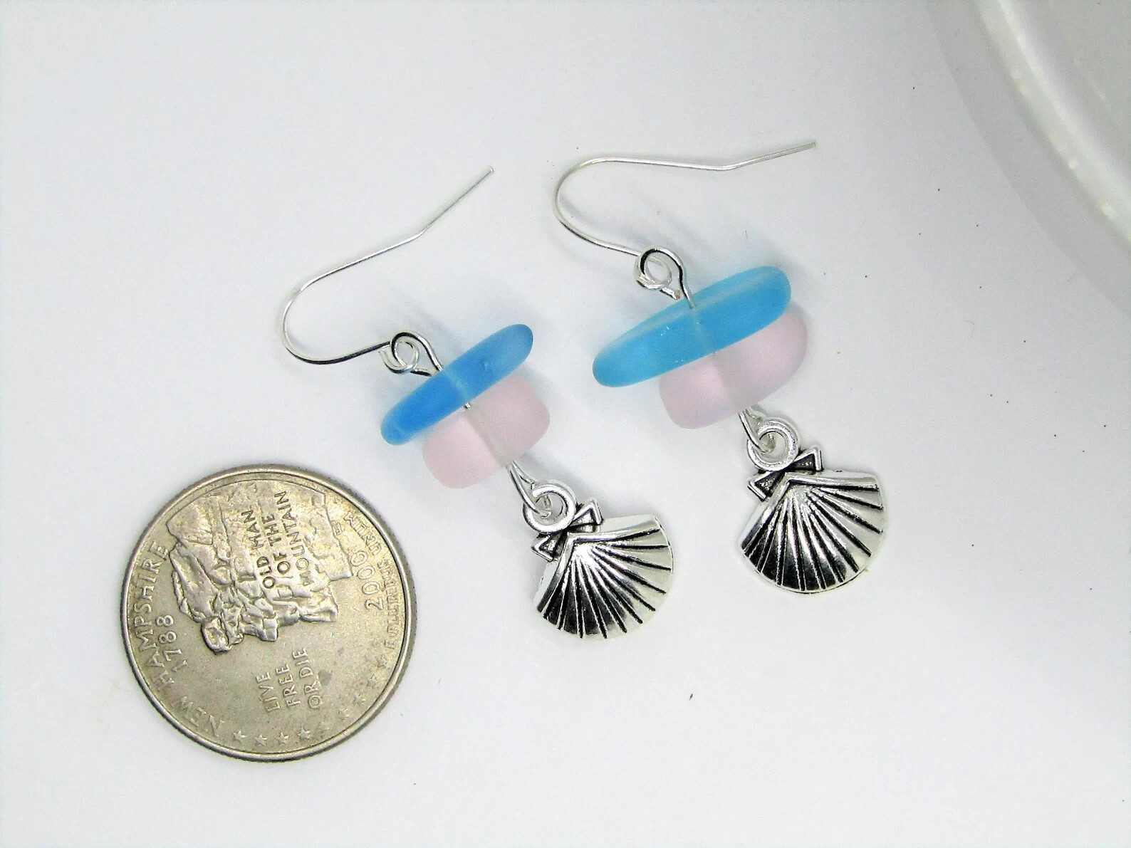 Frosted Pink & Blue Sea Glass Beach Stone Pebble Silver Charm SEASHELL Earrings