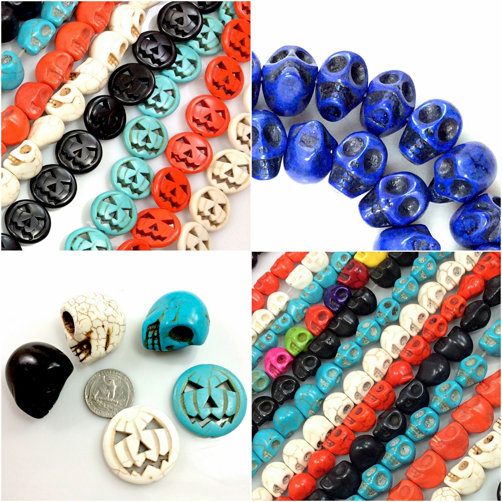 Halloween Decor Howlite Skull Magnesite Turquoise Pumpkin Beads 15″ Bracelet