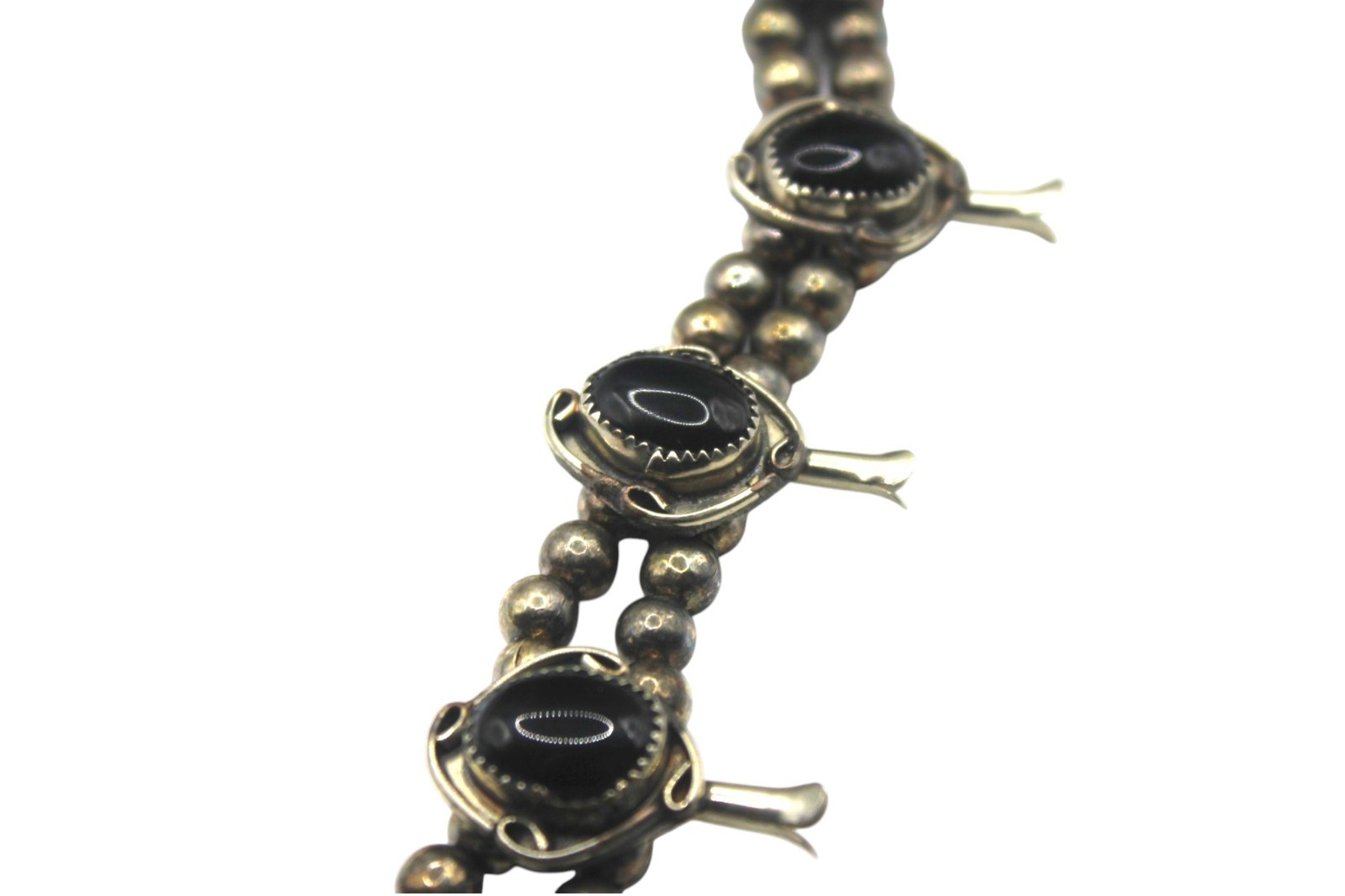 Vintage Silver Tone Black Onyx Squash Blossom Statement 24in Western Nickle