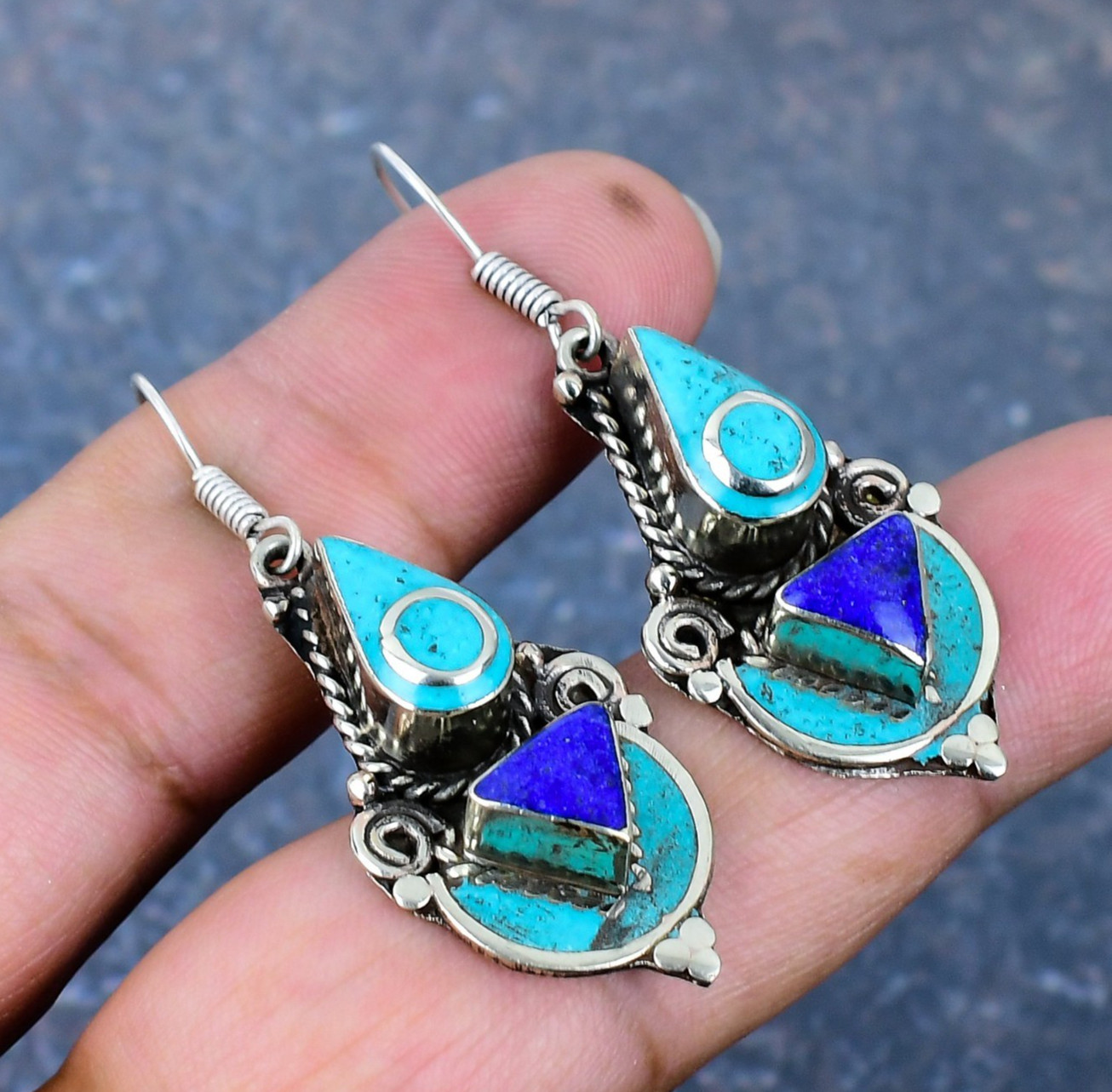 Turquoise & Lapis Lazuli Gemstone 925 Silver Earrings Handmade Nepali Jewelry