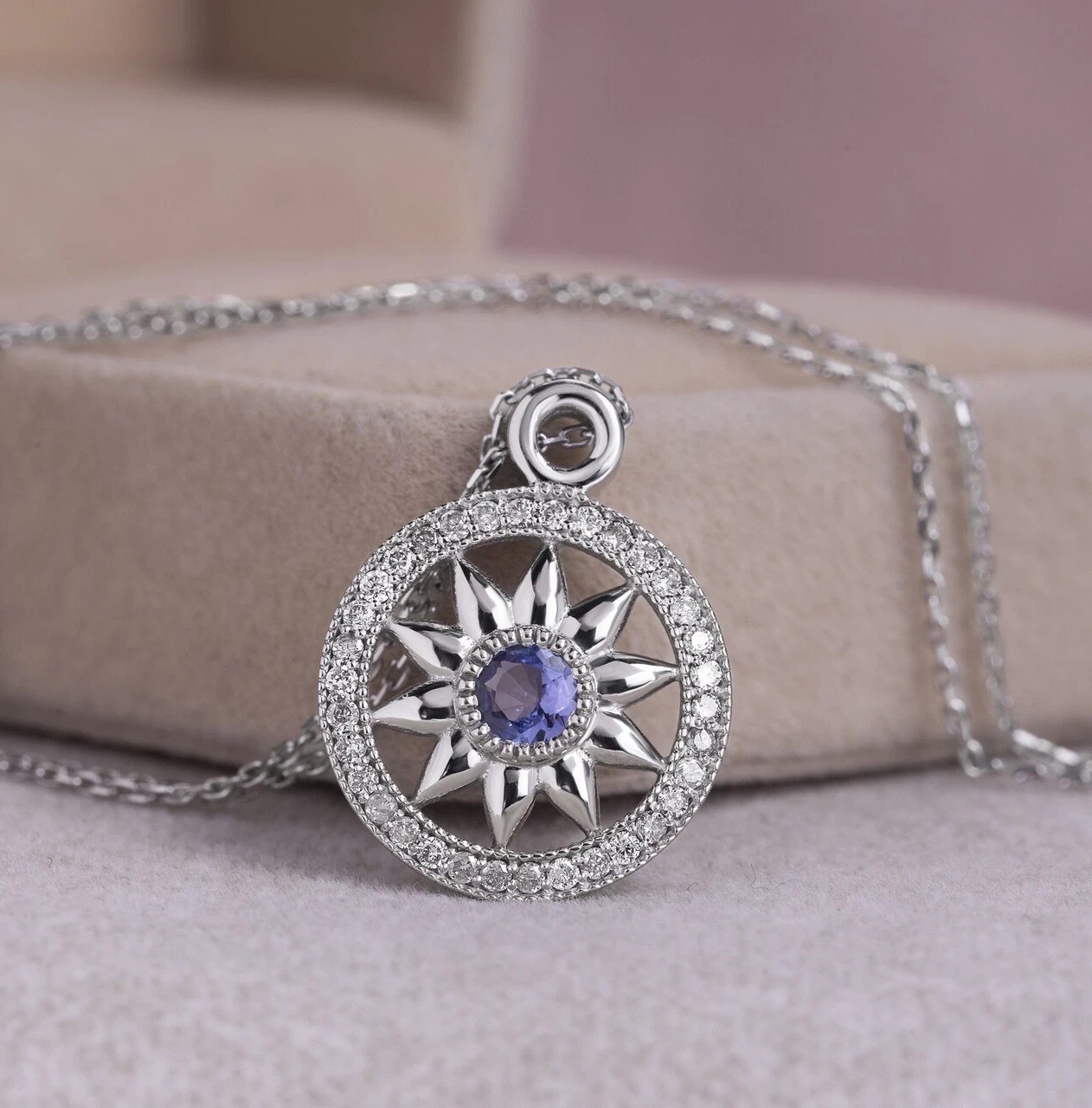 1.30Ct Round Cut Simulated Tanzanite Wheel Shape Pendant 14k White Gold Plated