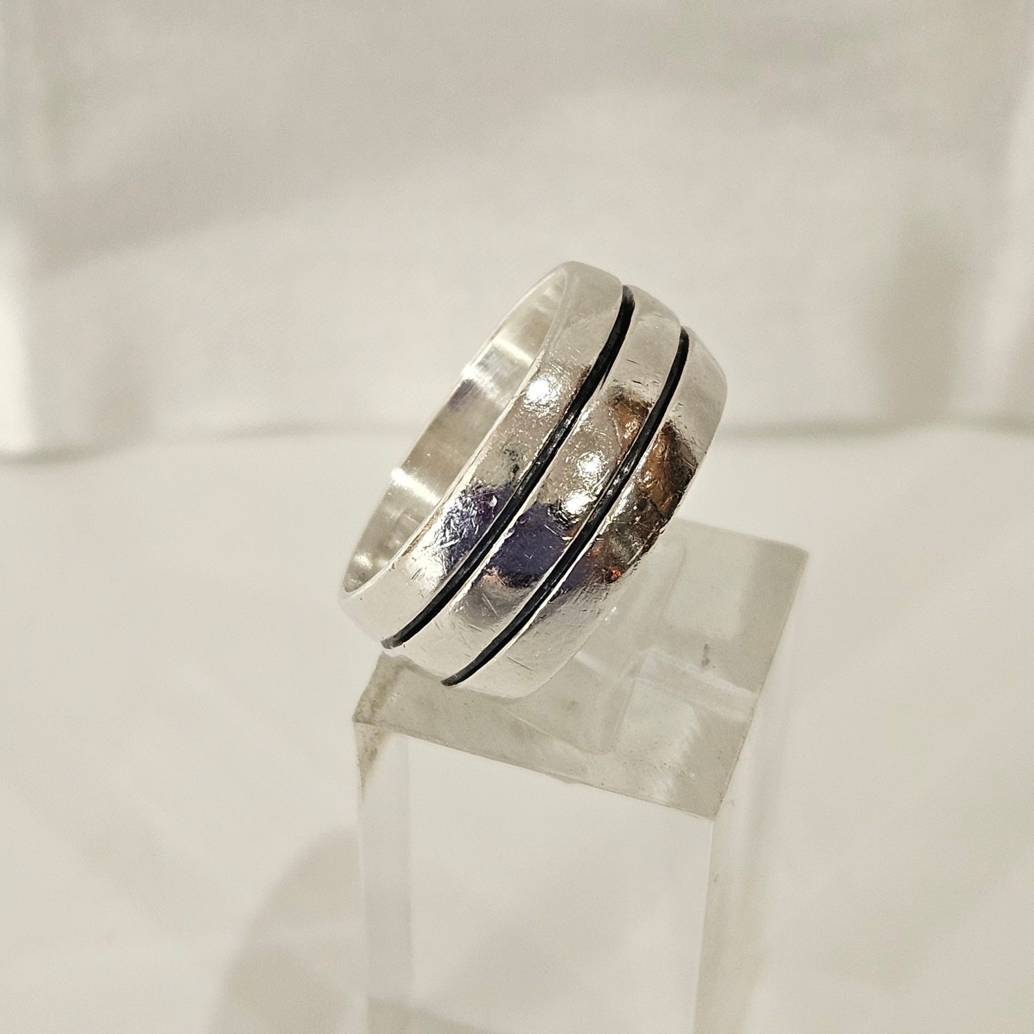 Vintage Mexican Double Grooved 3 Row 925 Sterling Silver 9.5mm Band Ring Size 7