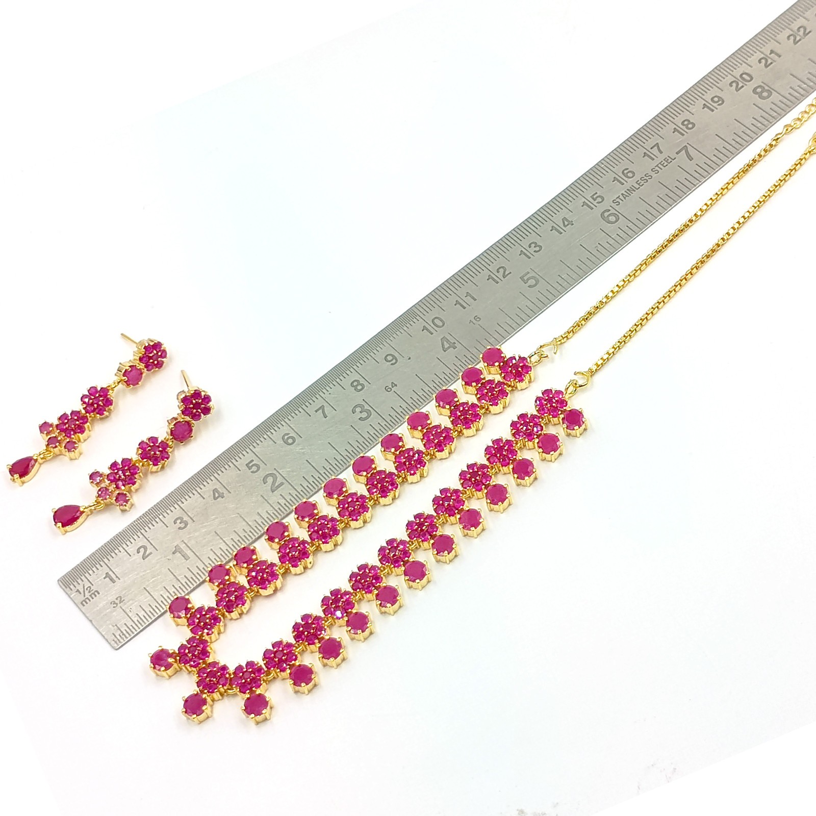 Indian 22k Gold Plated Ruby Floral Statement Necklace Set Wedding Jewelry