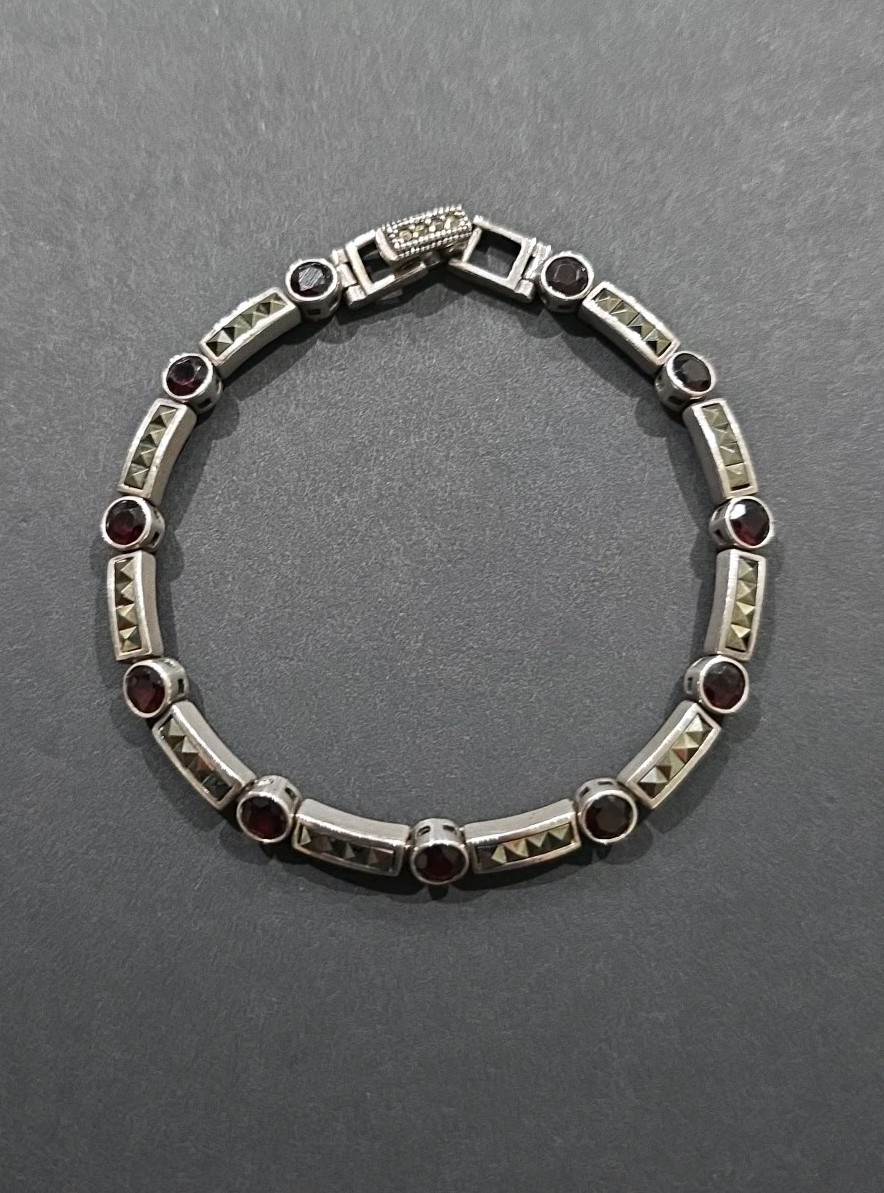 Vintage Art Deco ACi 925 Sterling Silver Garnet Marcasite Tennis Bracelet 7″