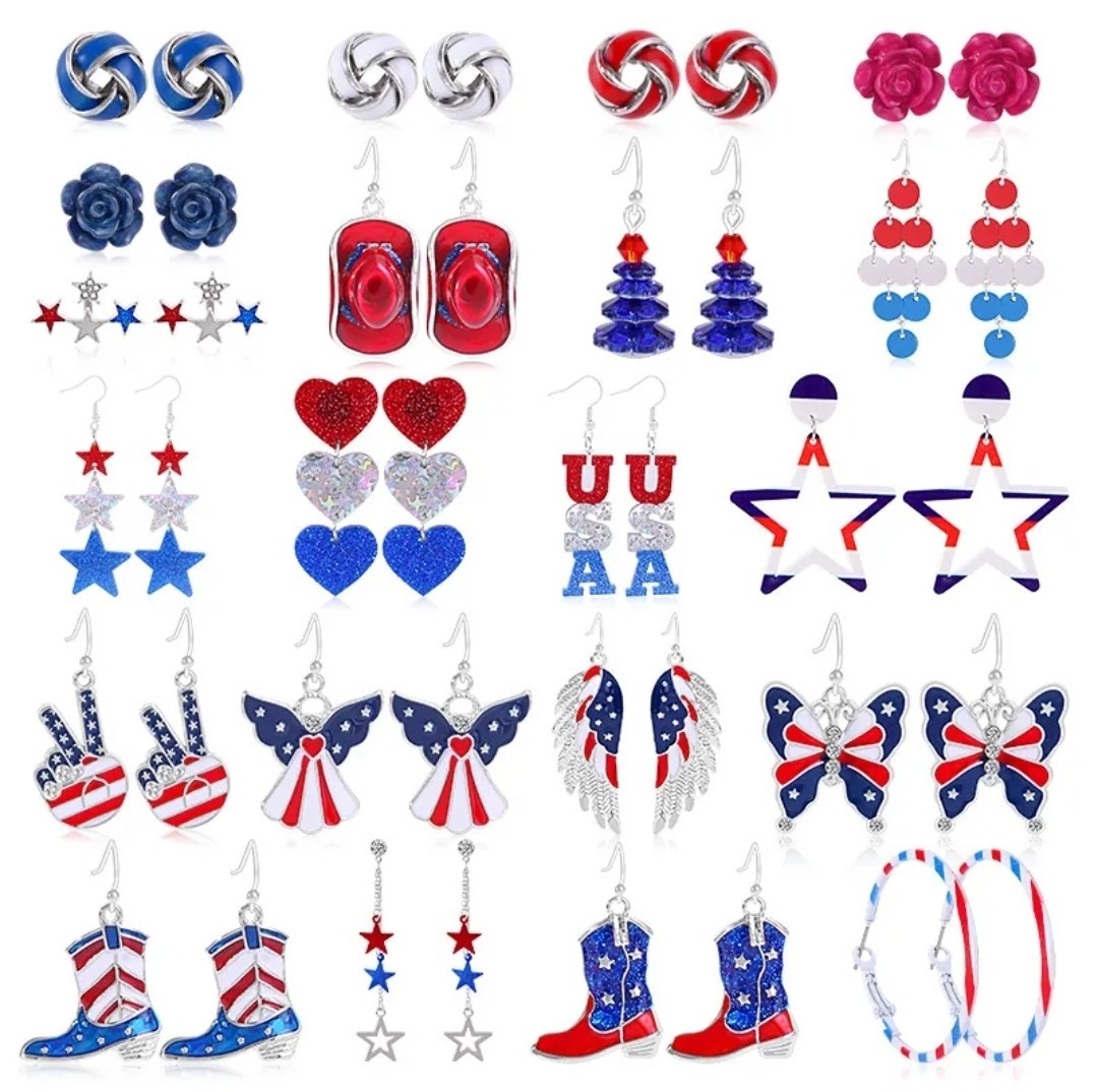 3x Red White Blue Dangle Drop Earrings Patriotic Flag