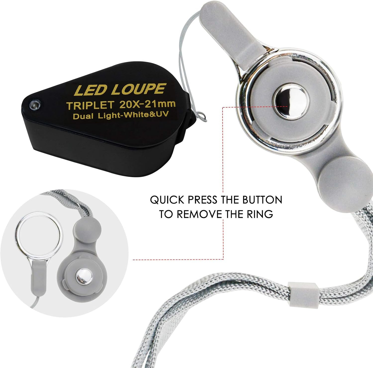 20x Magnifier Jewelry Loupe LED UV 21mm Triplet Lens Optical Glass, Pocket Gem M