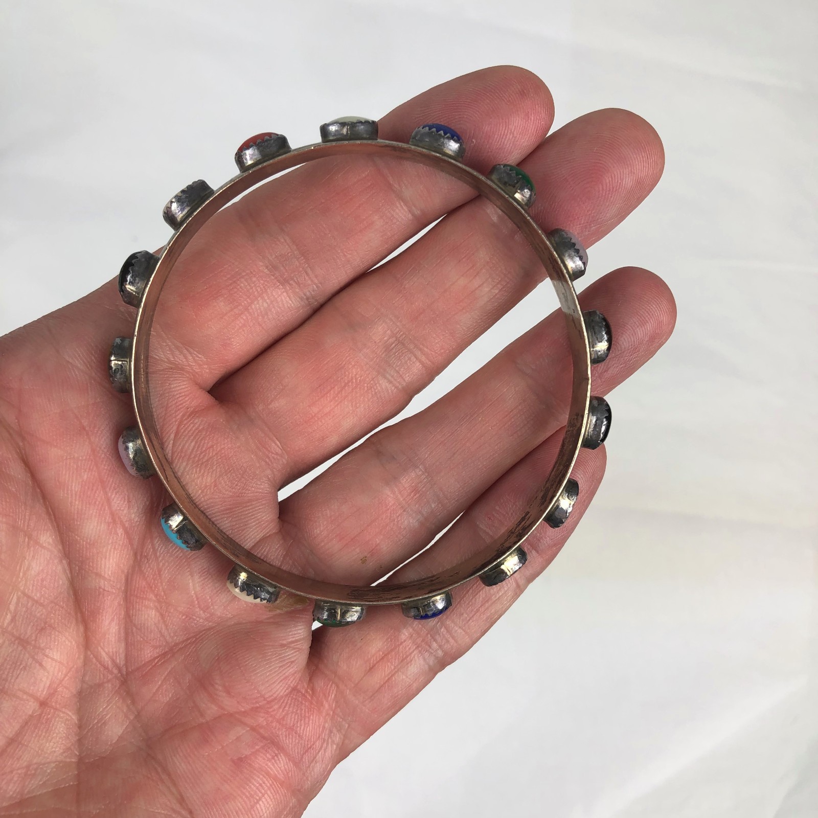 Sterling Silver Bangle bracelet inlaid semi precious stones coral lapis other