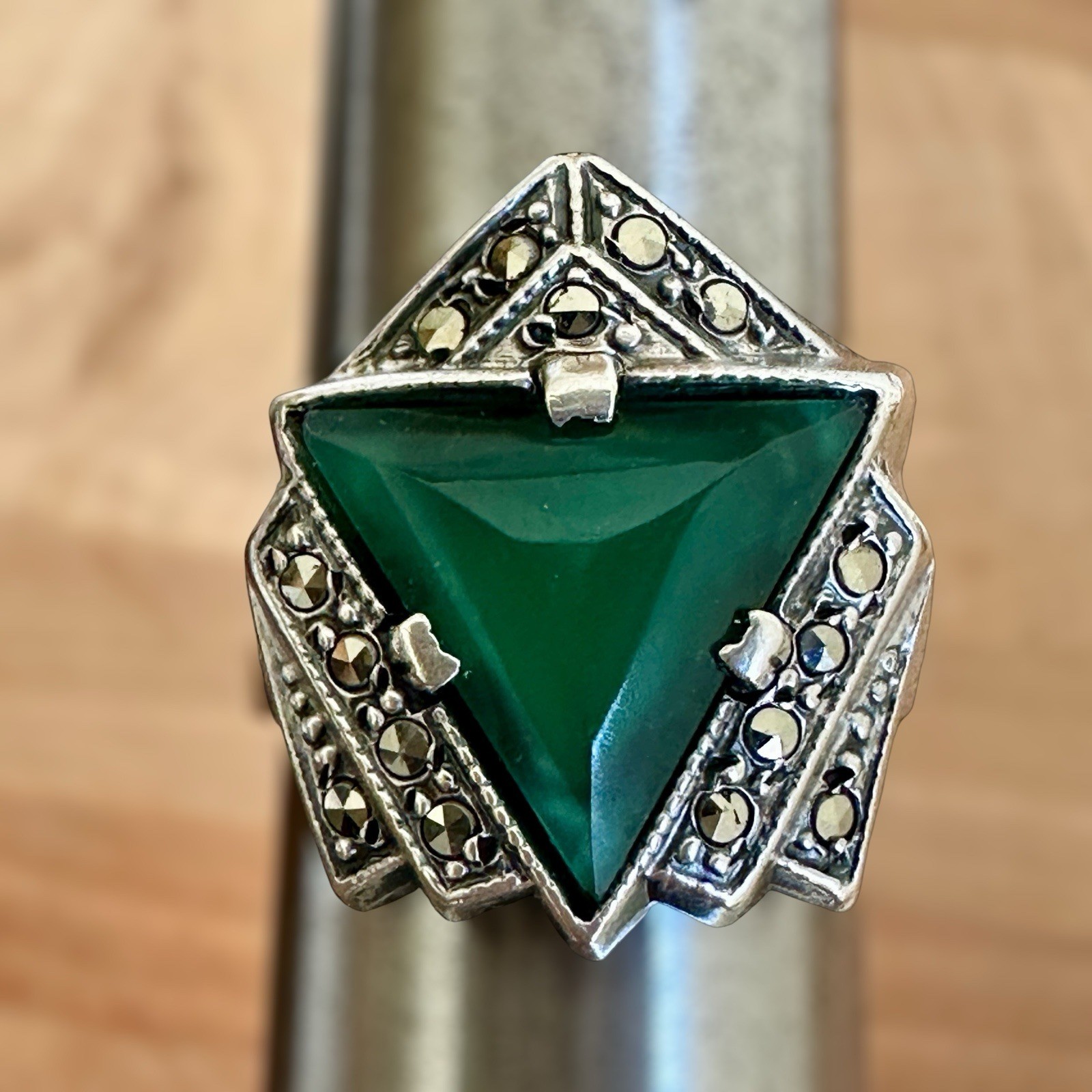 Vintage LCW Art Decor Ring 5.25 Green Chrysoprase Marcasite 925 Sterling 3.7g
