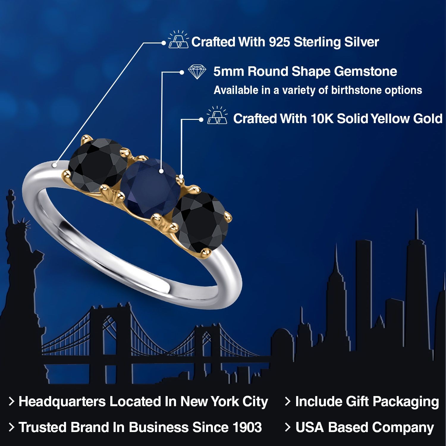 925 Silver and 10K Yellow Gold Sapphire and Black Sapphire Engagement Ring For