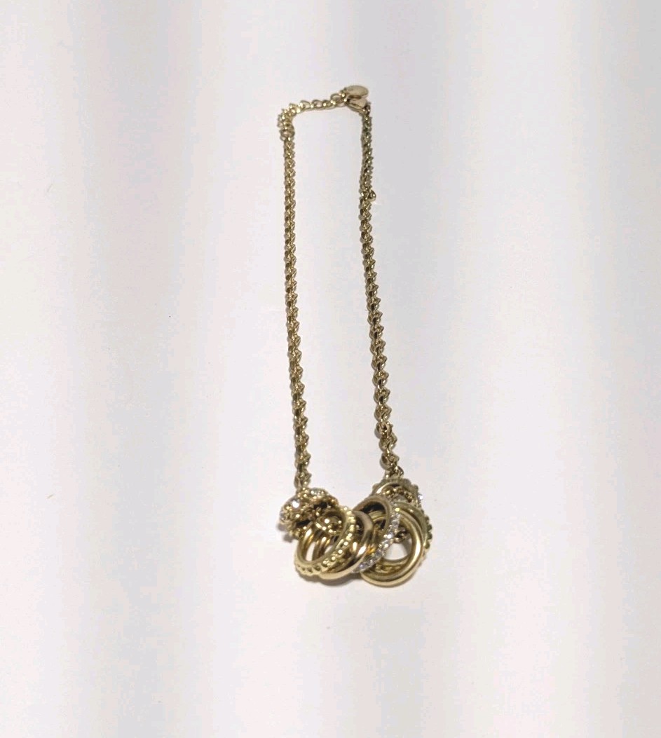 Charter Club Gold Tone Necklace With Textured & Pave Rhinestone Ring Charms 17″