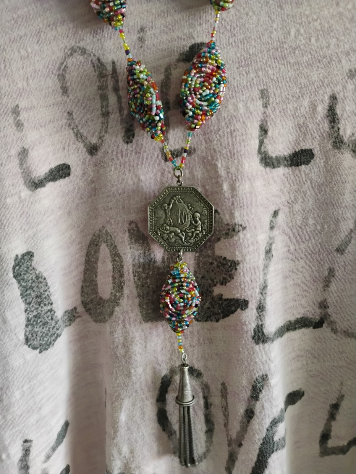 Stunning Antique Medal With Vintage Seed Beads Tassel Necklace Original