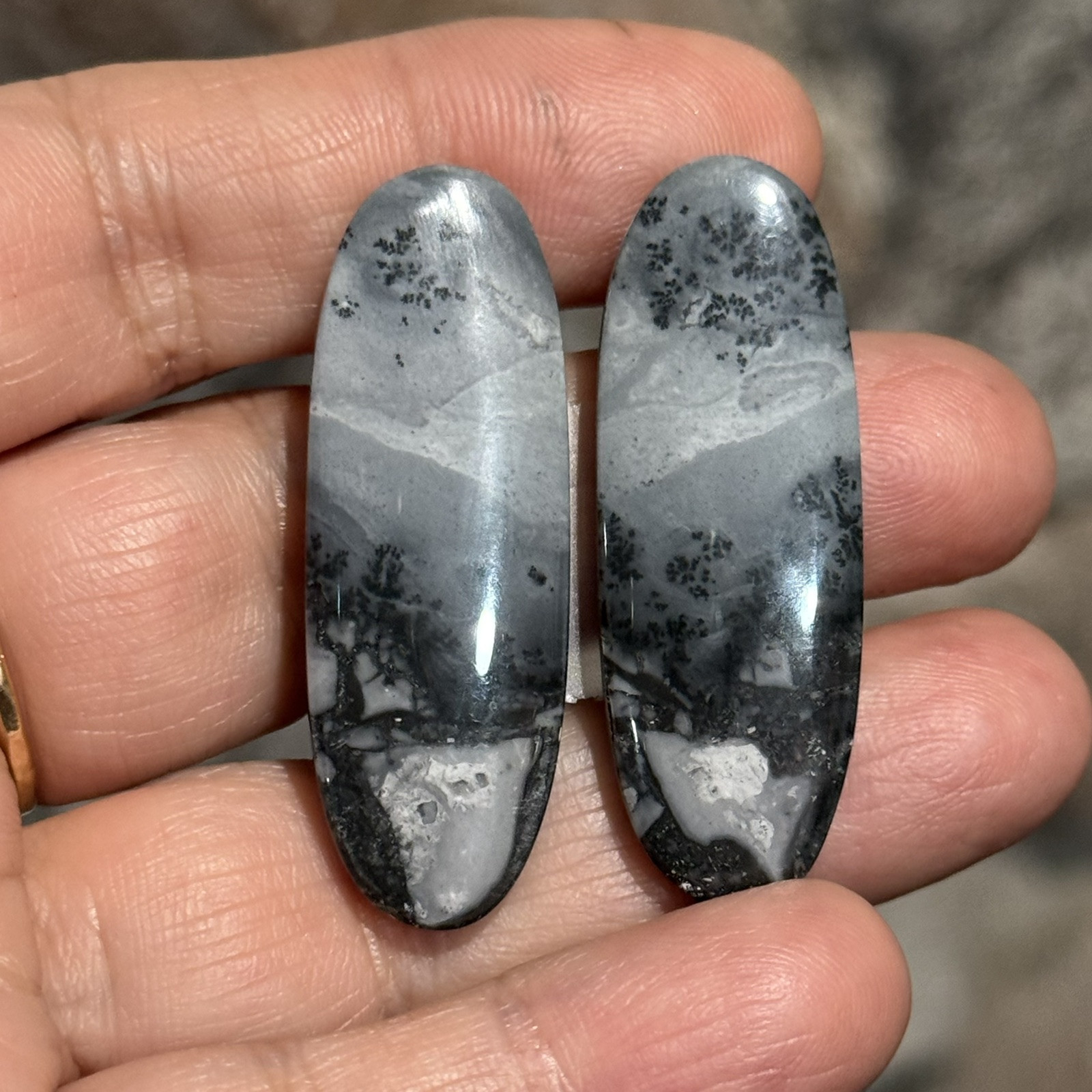 62ct 42x15x4.5mm Pair Fine Gray Scenic Oval Picture Maligano Jasper Cabochons