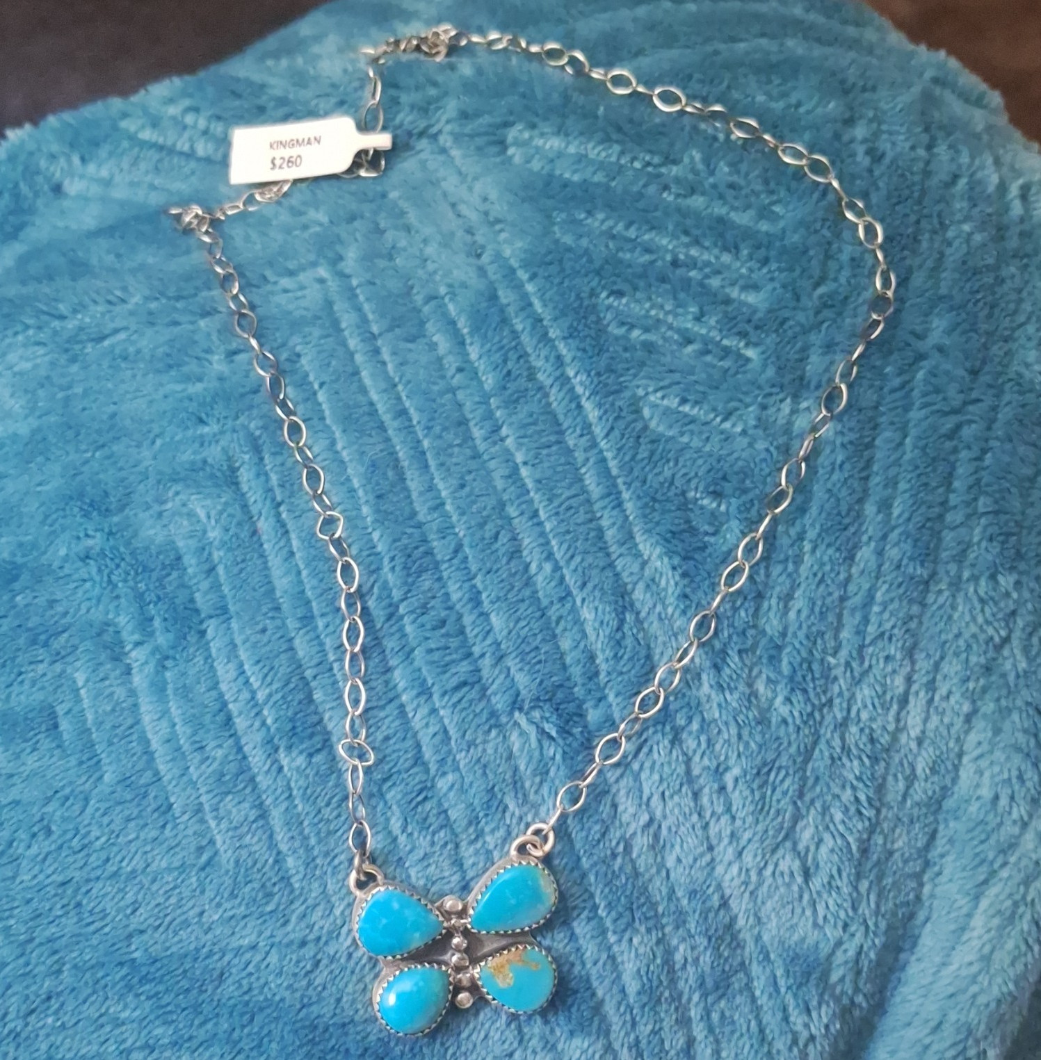 Turquoise Butterfly Charm Pendant Necklace. Kingman Stone. Link Adjustable