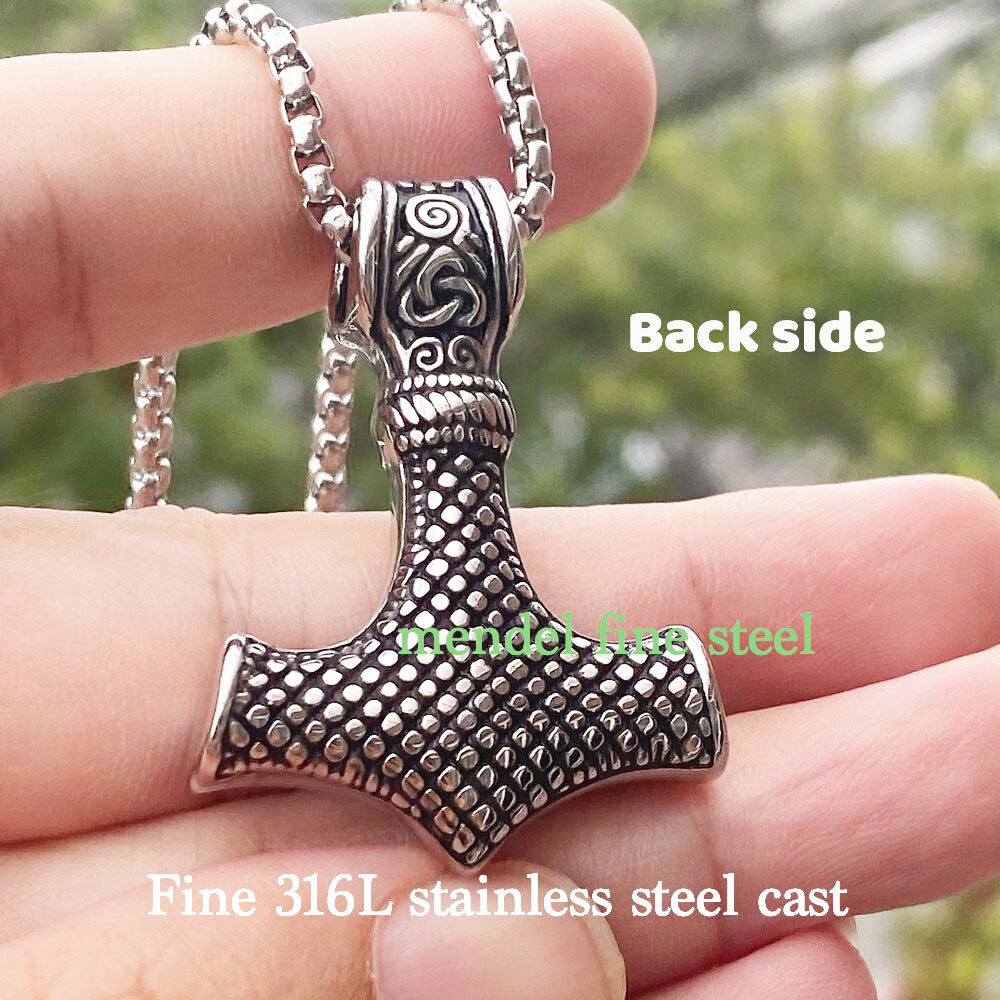 MENDEL Mens Stainless Steel Norse Viking Thors Hammer Mjolnir Pendant Necklace