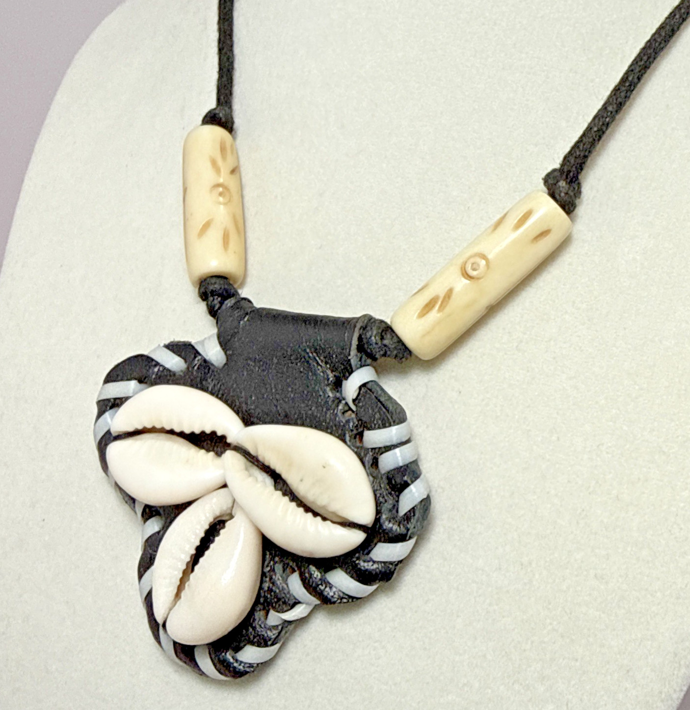 Vintage Cowrie Shell Pendant Necklace Cord Black White Braid Carved Bone India