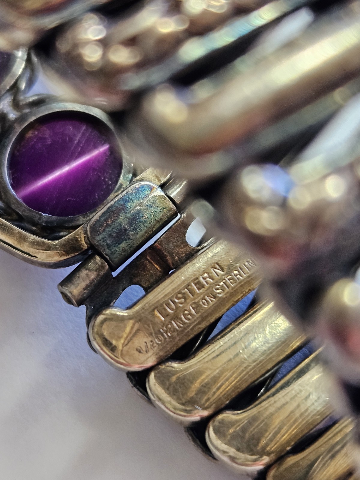 Rare 1940’s Lustern Bracelet With 3 Purple Amethyst Glass Cabochons