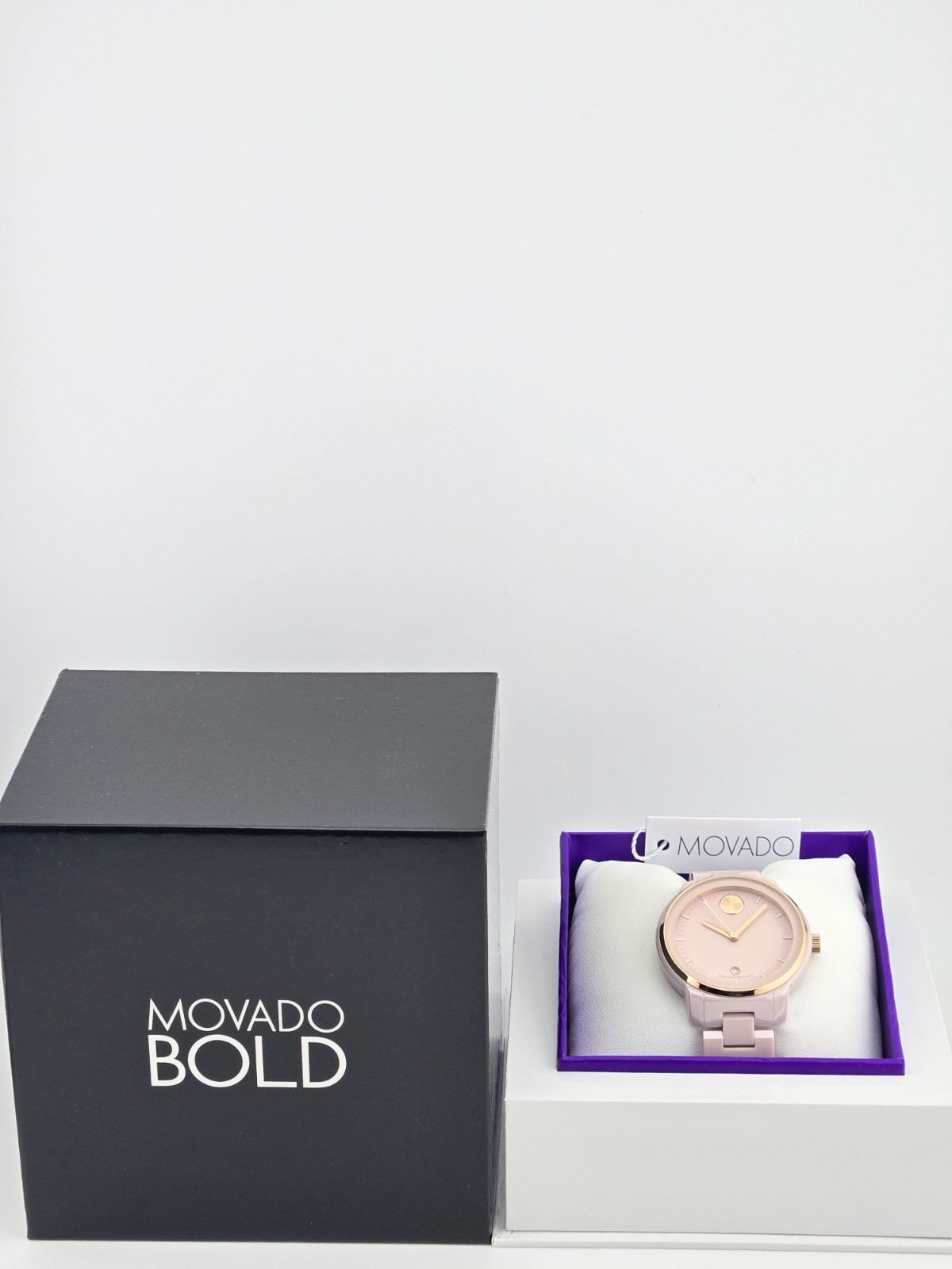 Movado Bold Verso Women’s Blush Dial Ceramic Swiss Watch – 3600935 ($895 MSRP)