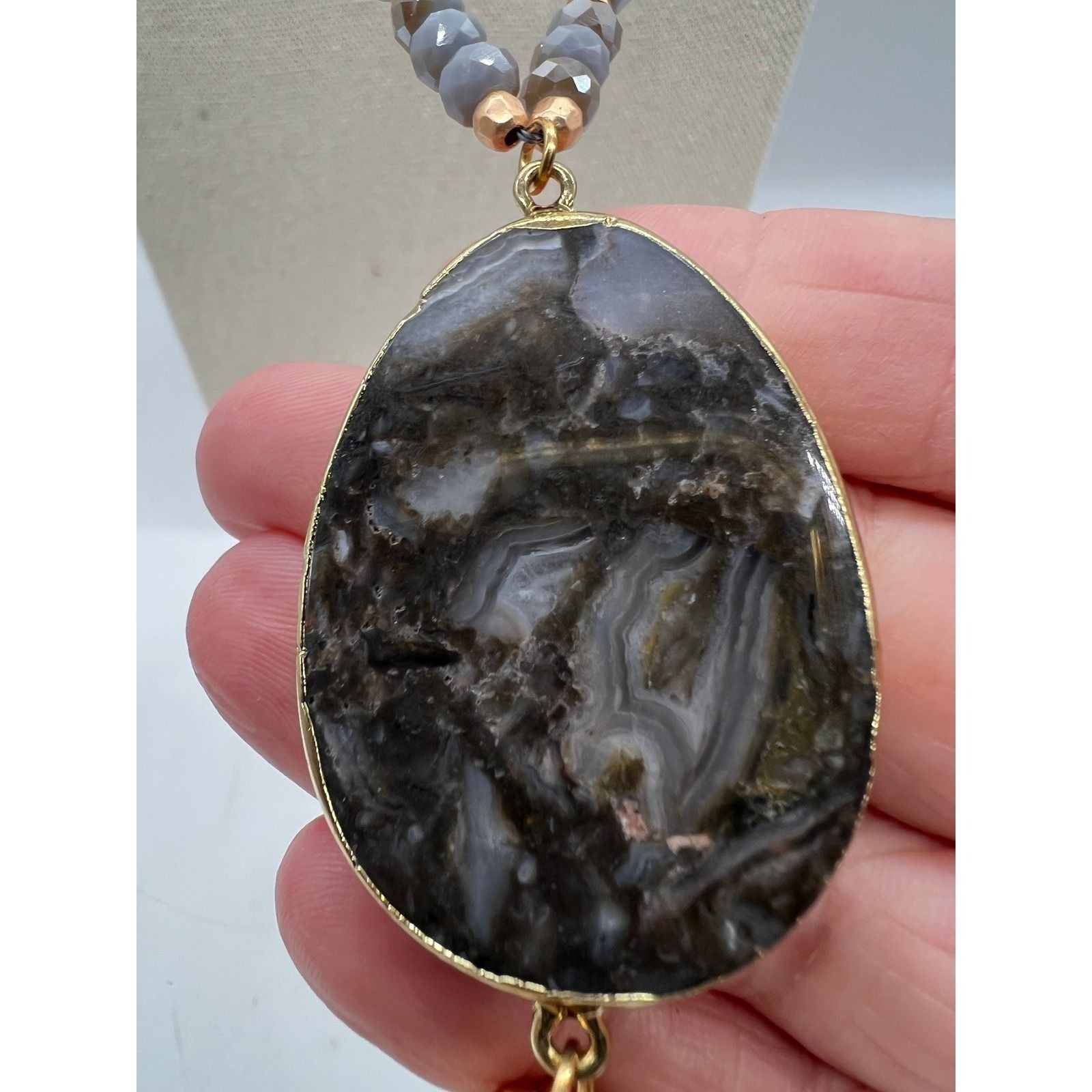 Gray Agate Slice Tassel Pendant Necklace Boho Statement Long Beaded Gray Stone